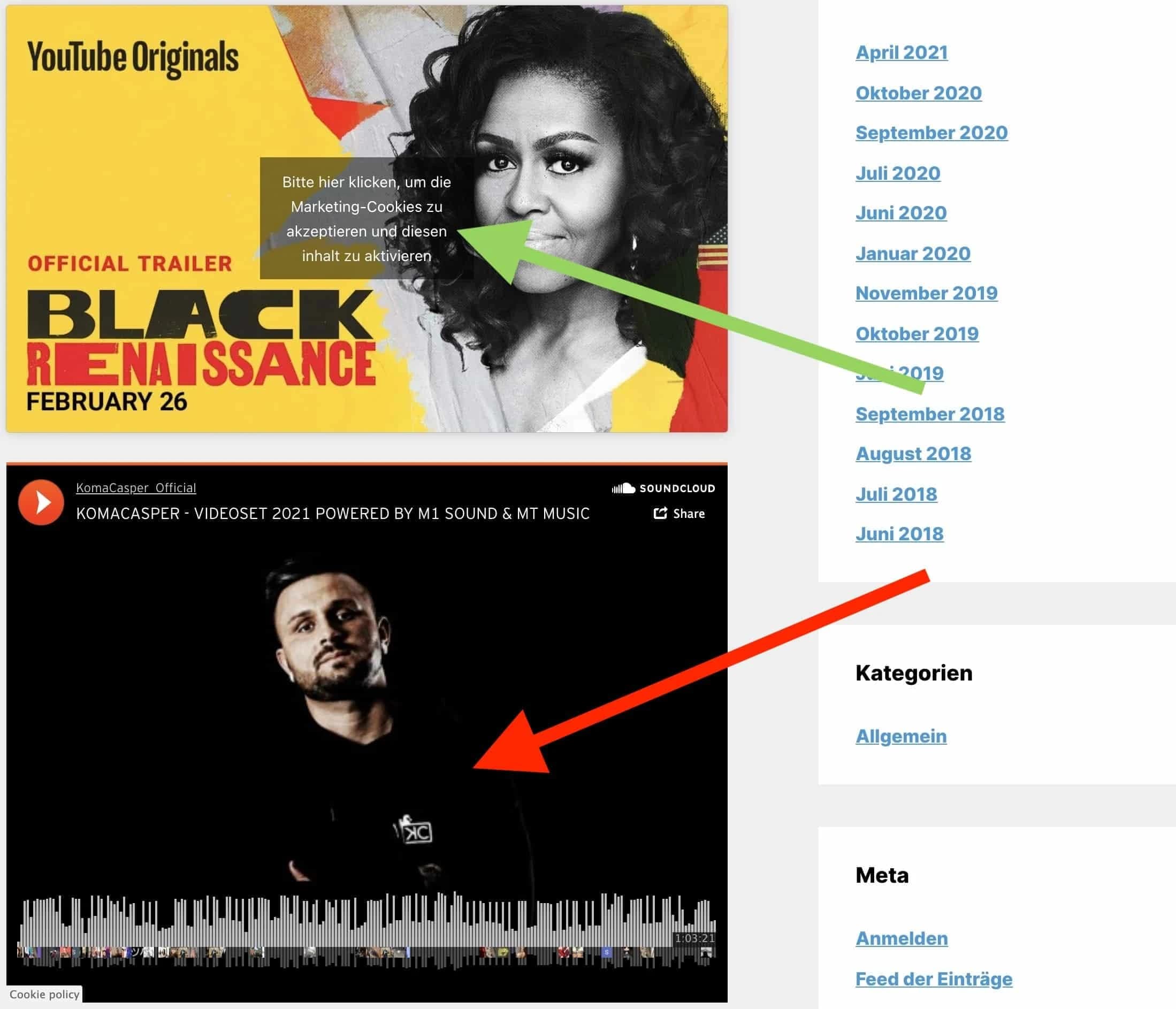 Der Content-Blocker von Complianz erkennt das eingebettete YouTube-Video, aber nicht den SoundCloud-Player