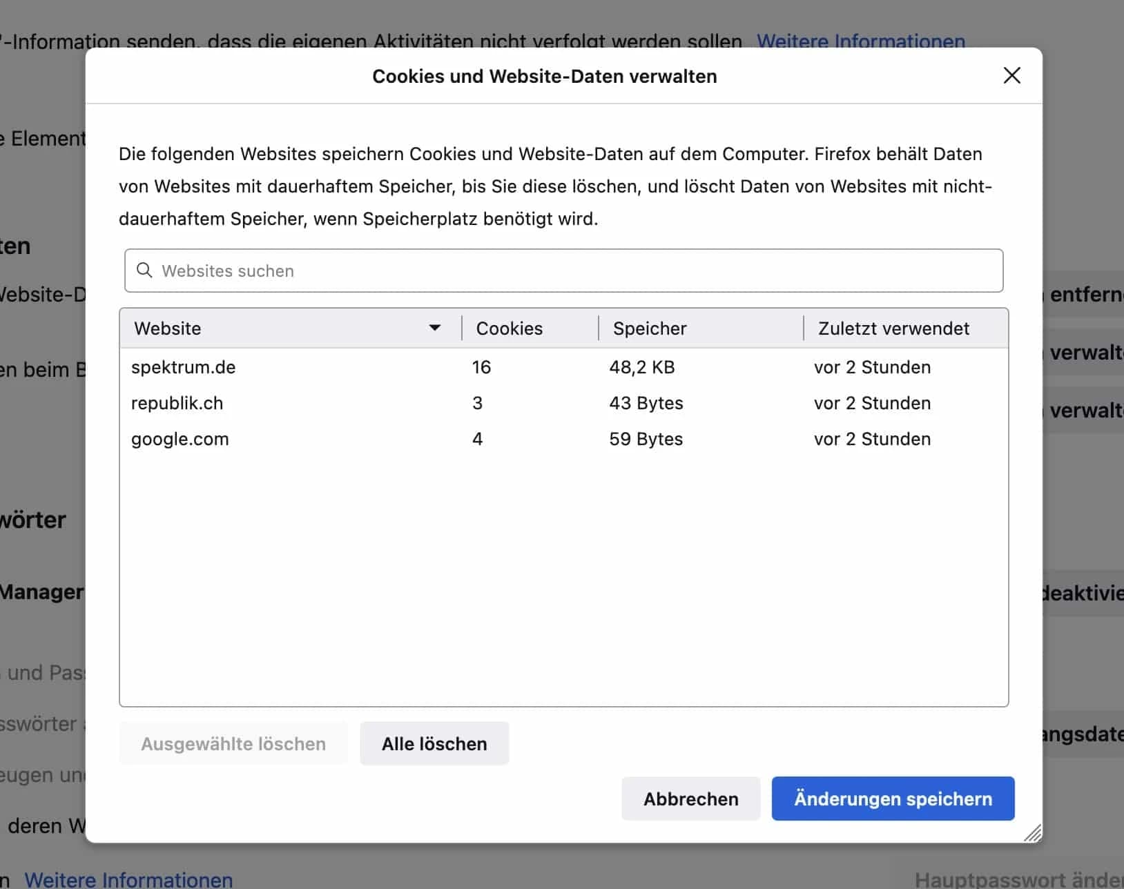 Cookies verwalten in Mozilla Firefox mit Liste gespeicherter Cookies