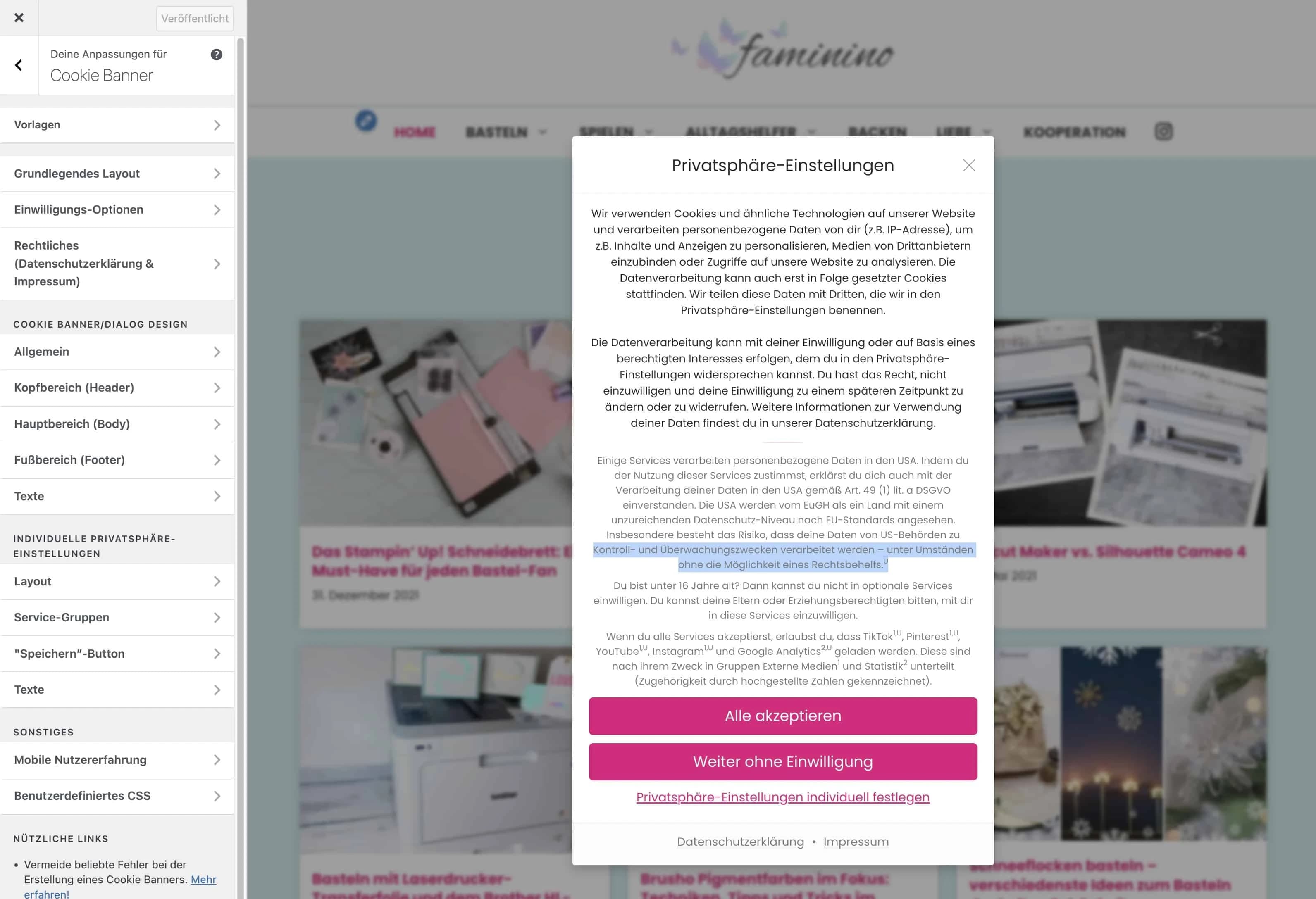 Design des Cookie-Banners per Live-Vorschau im Customizer anpassen