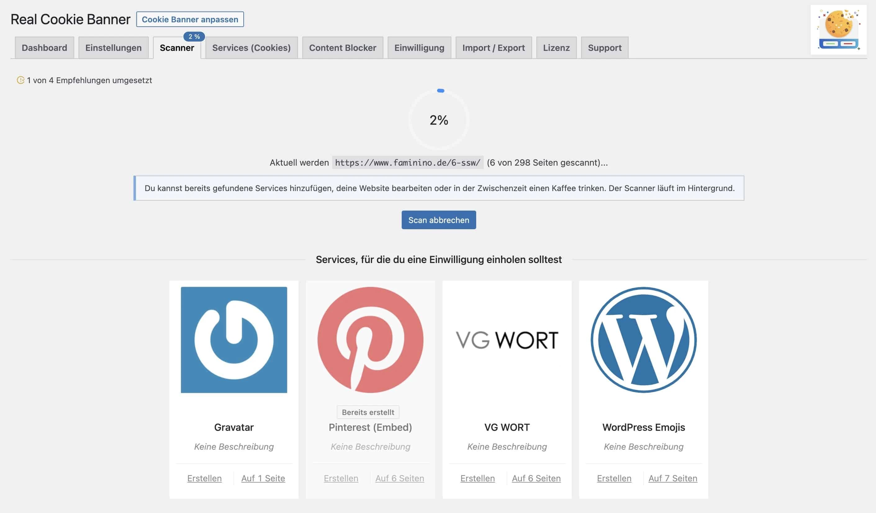 Mithilfe des integrierten Service-Scanners findet Real Cookie Banner Dienste auf deiner Website automatisch