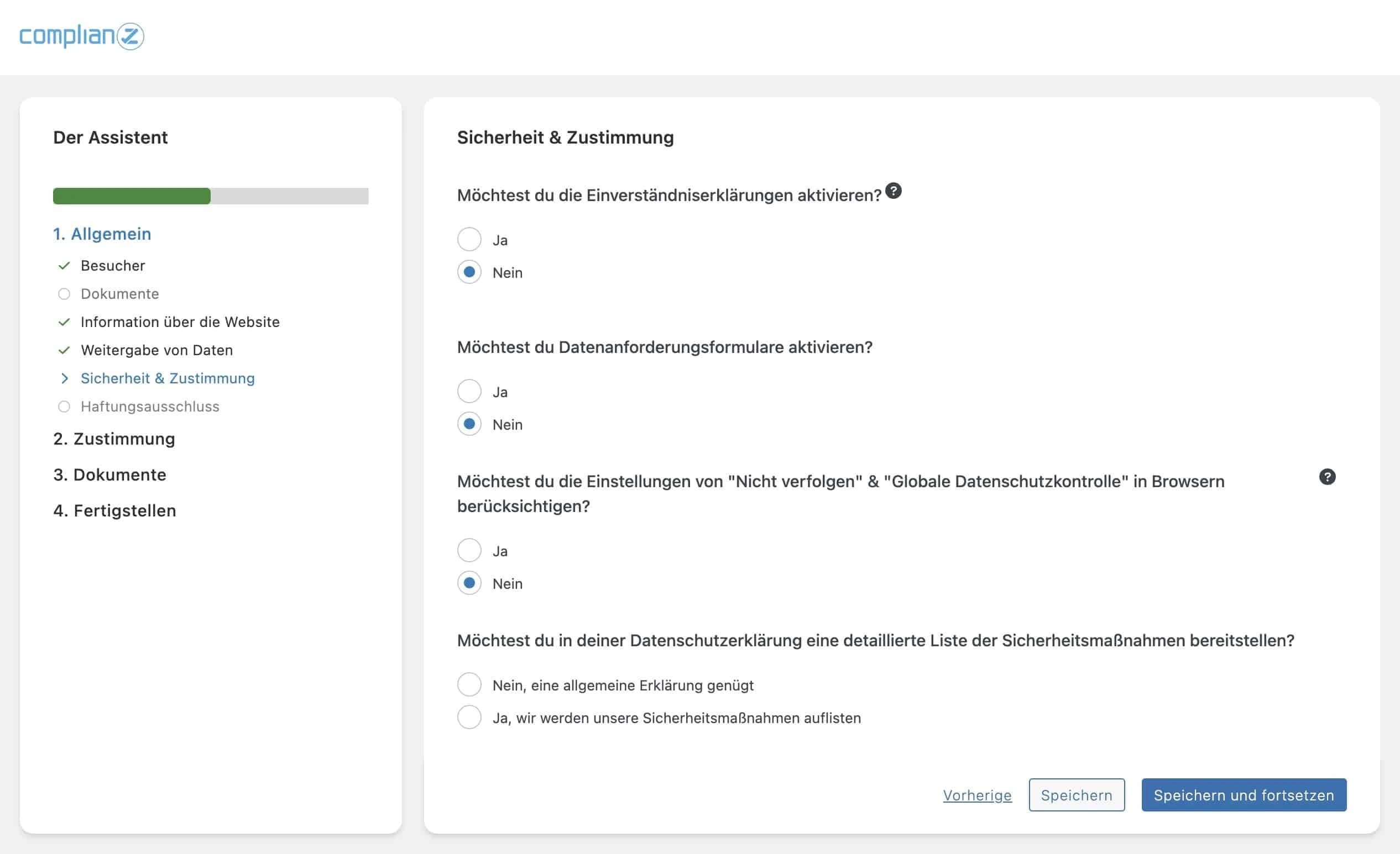 Übersetzungsfehler im Complianz-Einrichtungsassistenten