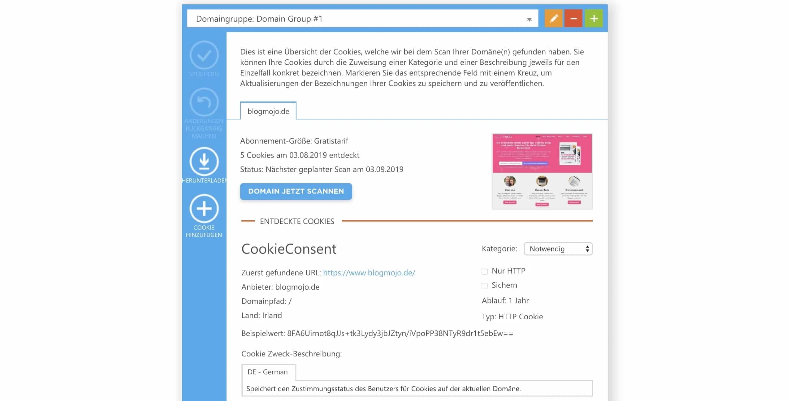 Von Cookiebot-Scanner gefundene Cookies