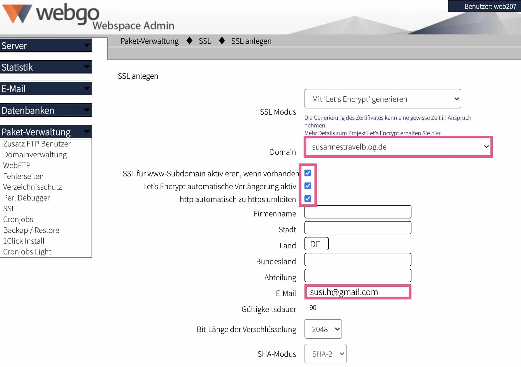 SSL-Zertifikat im webgo Webspace-Admin konfigurieren