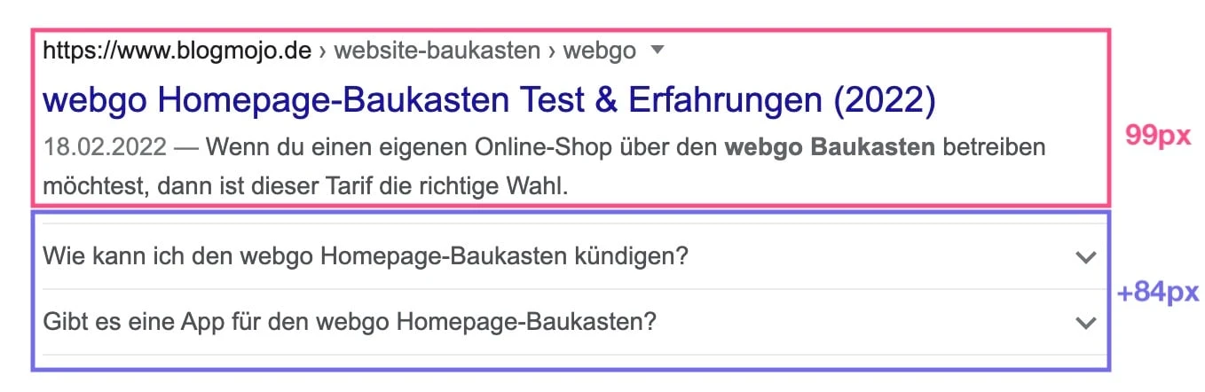 Suchergebnis mit FAQ-Rich-Snippet und Pixelangaben