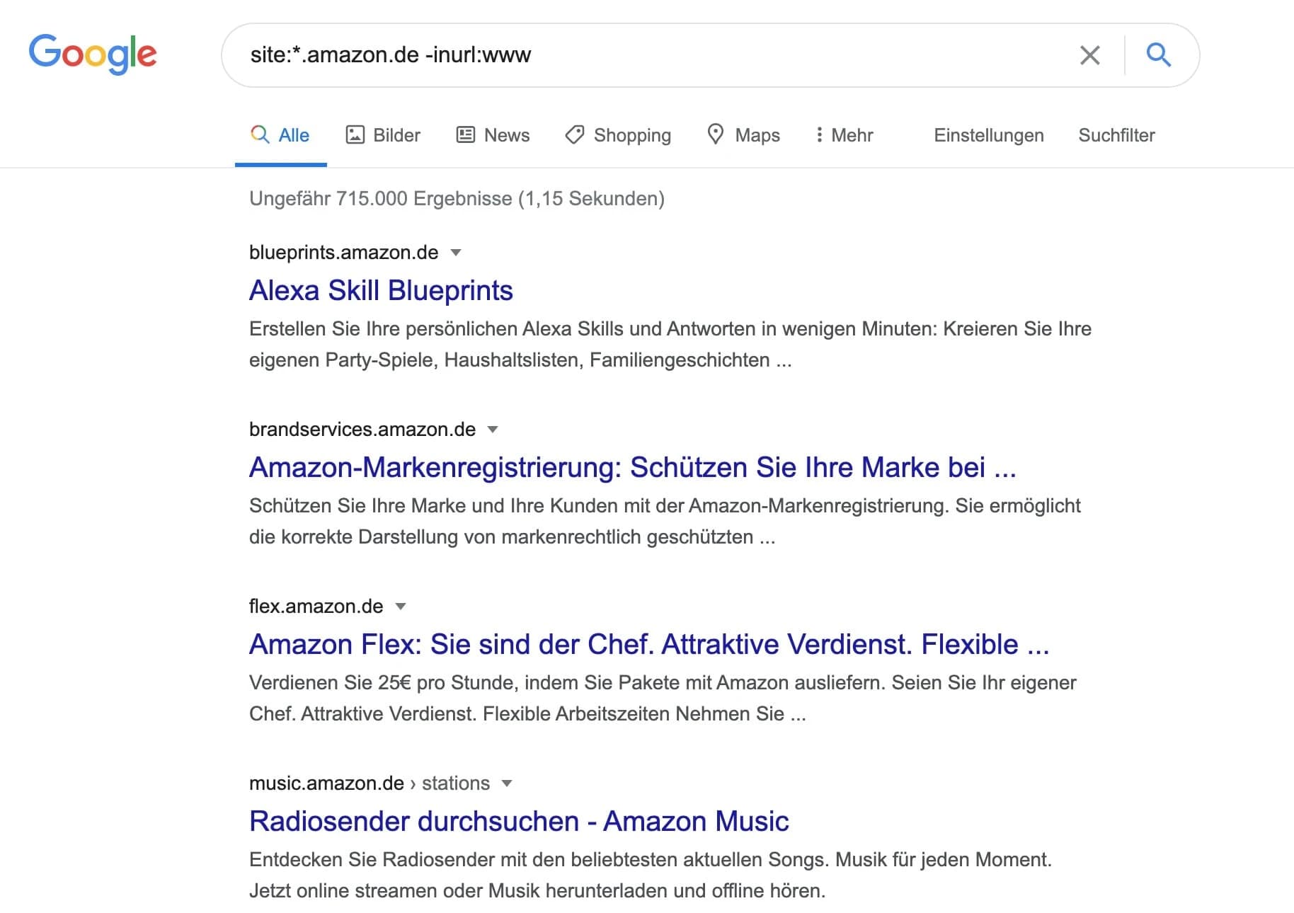 Mit Google-Suchoperatoren Subdomain finden