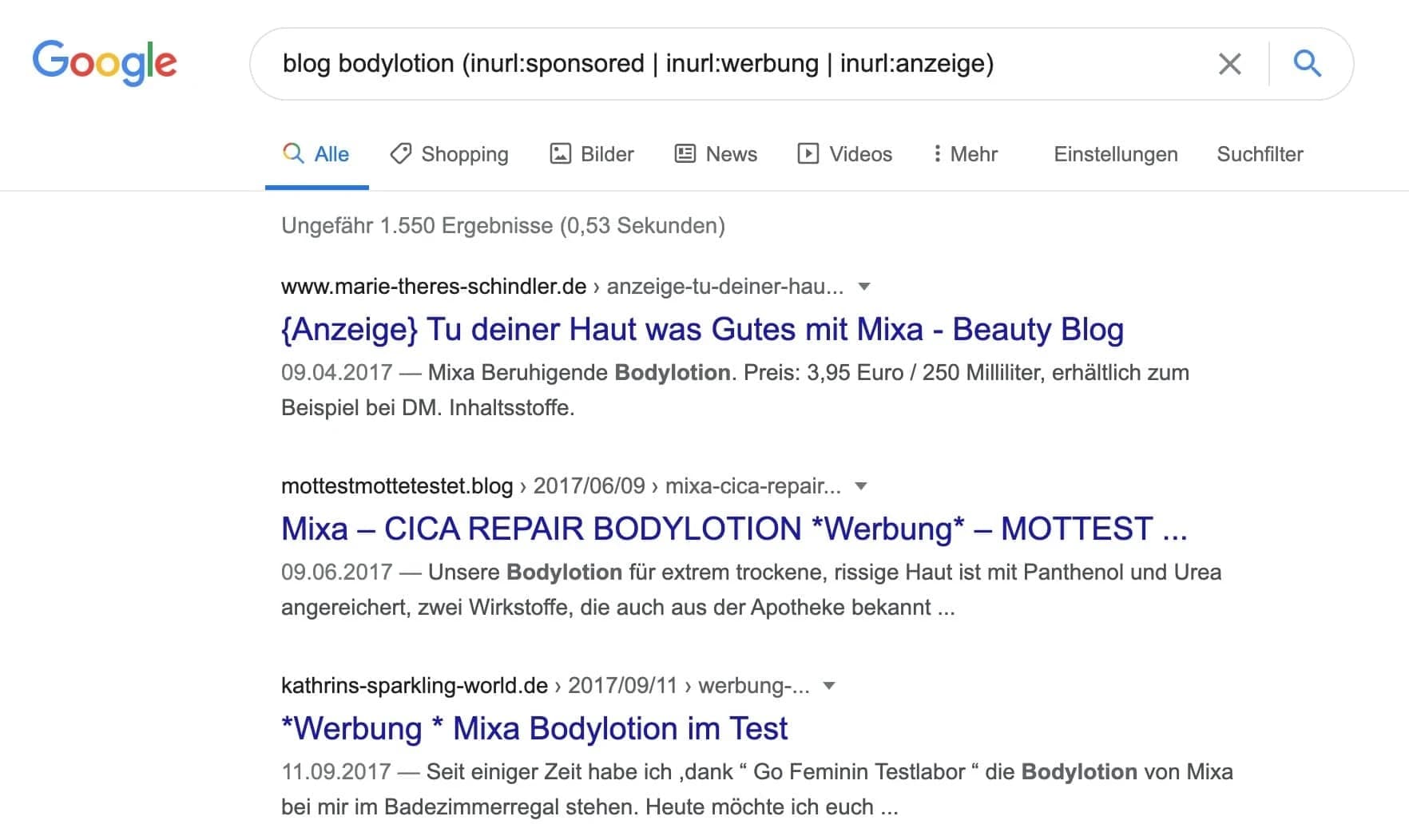 Mit dem Operator inurl: einzelne Sponsored Posts finden