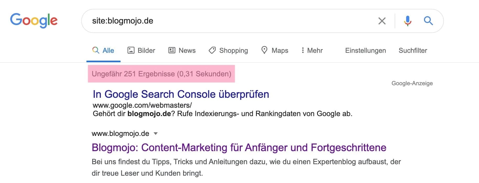 Mit site: Operator Anzahl der Suchergebnisse überprüfen