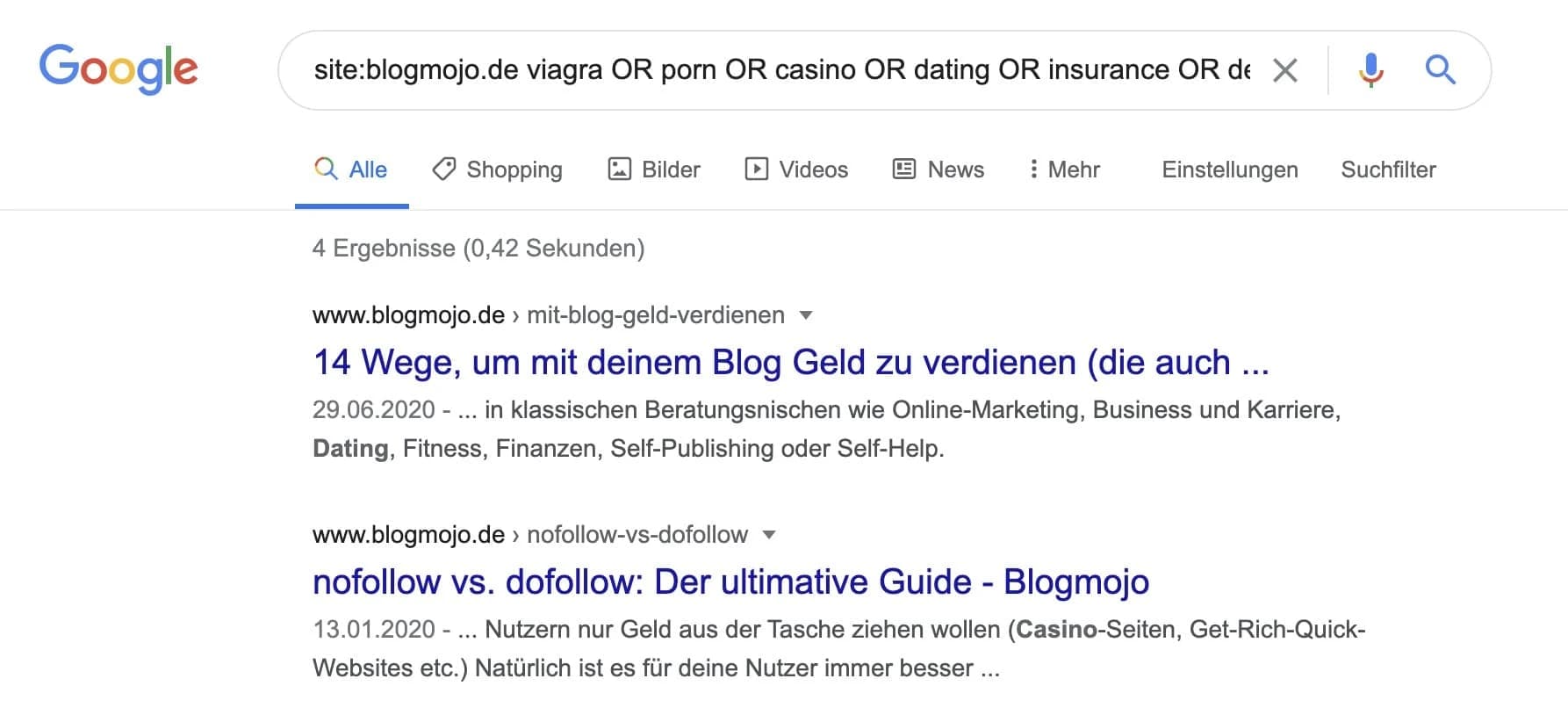 Spam-Inhalte mit Suchoperatoren finden