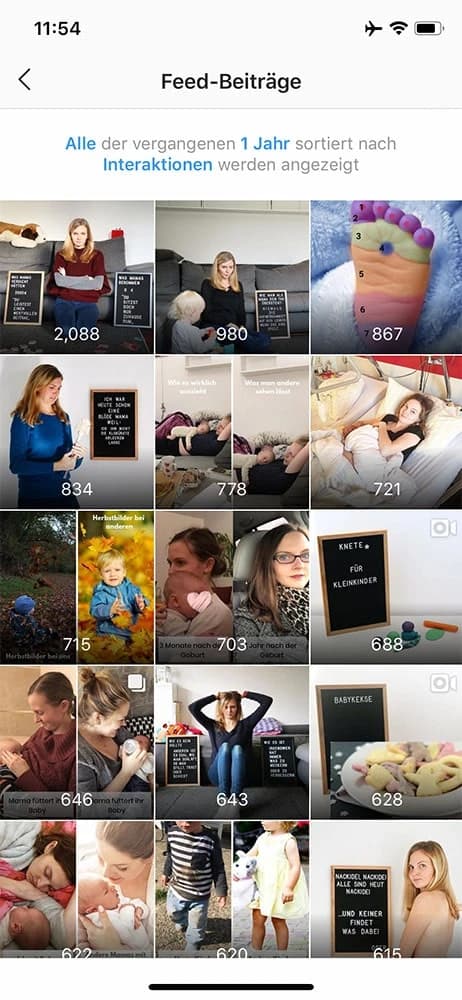 Screenshot meiner Instagram Analytics, sortiert nach Interaktion