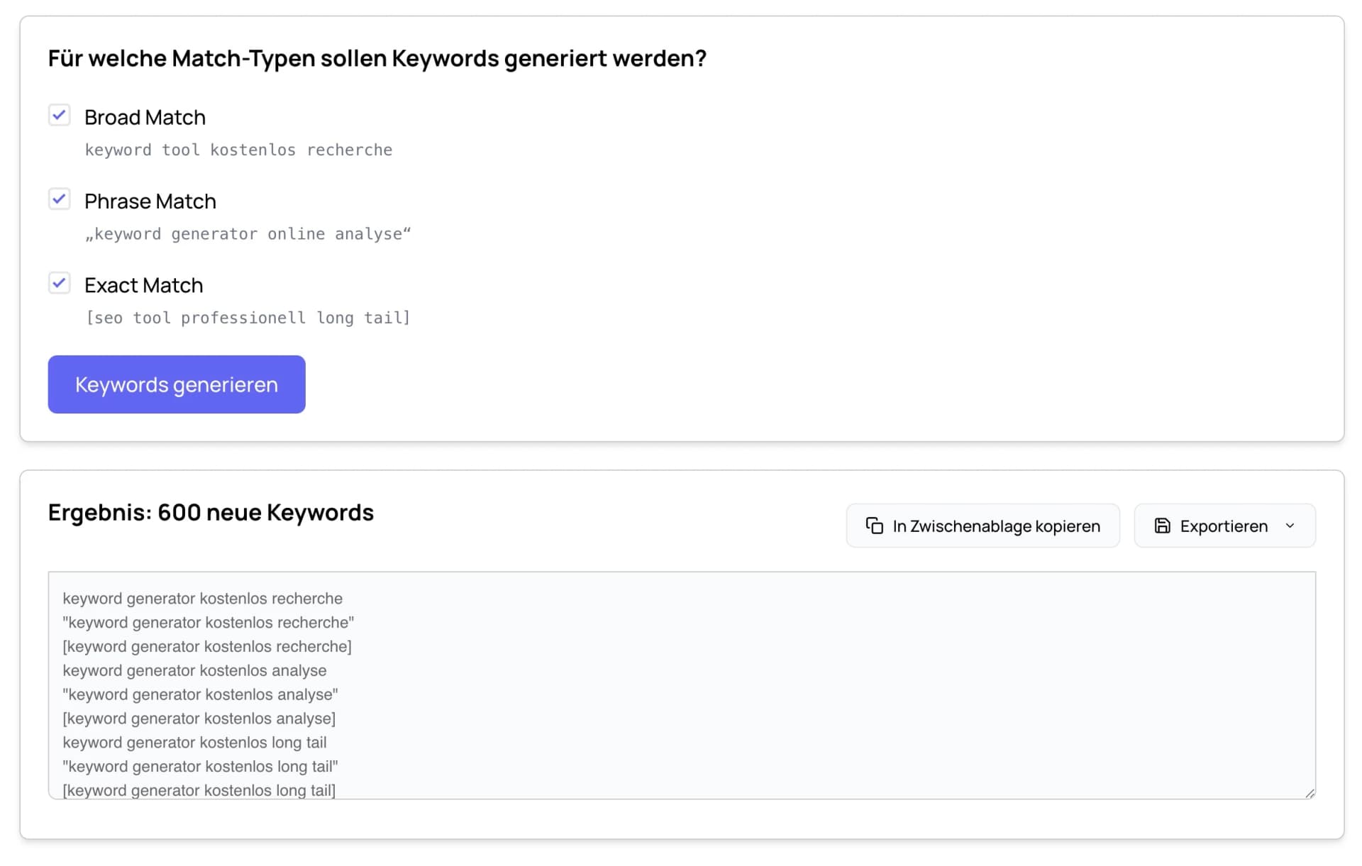 Match-Typen beim Keyword-Generator von Blogmojo