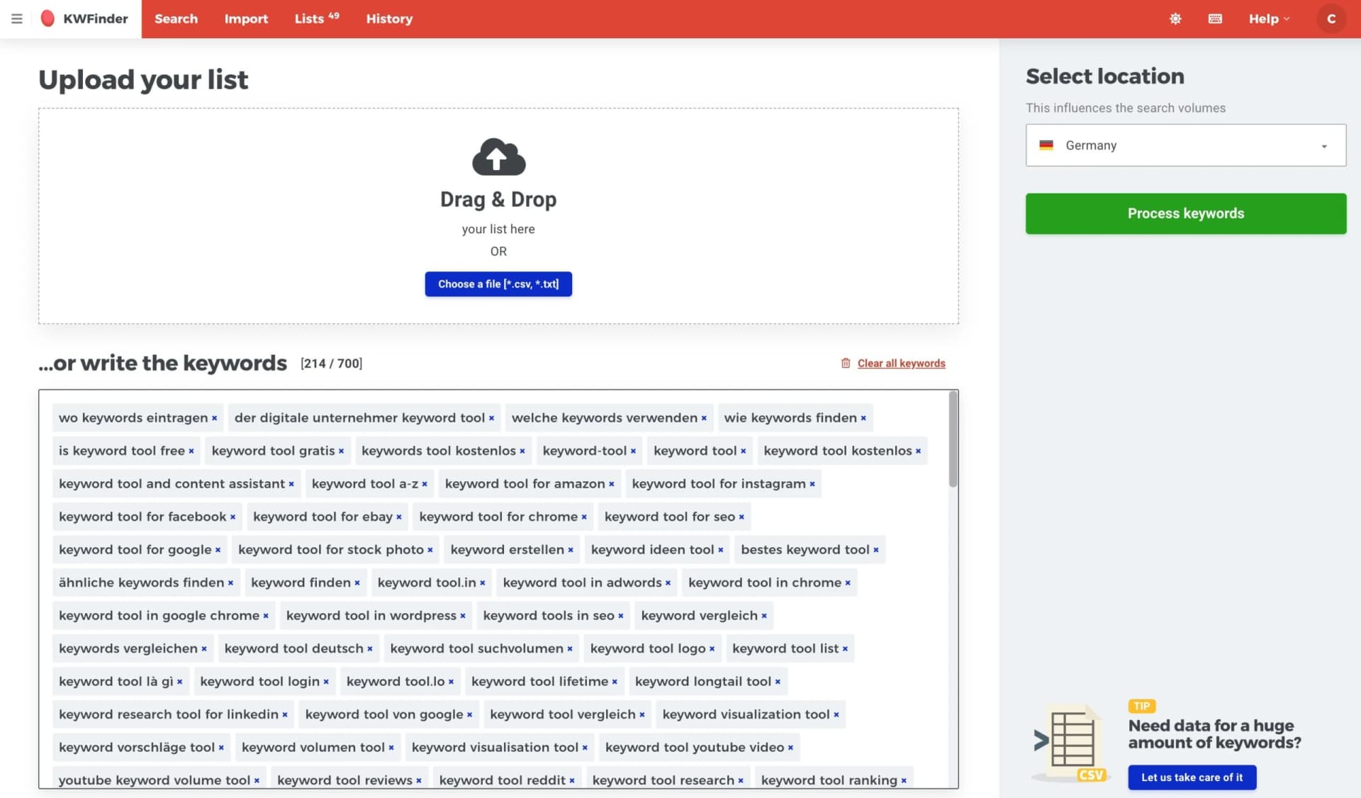 Bulk-Import-Funktion im KWFinder