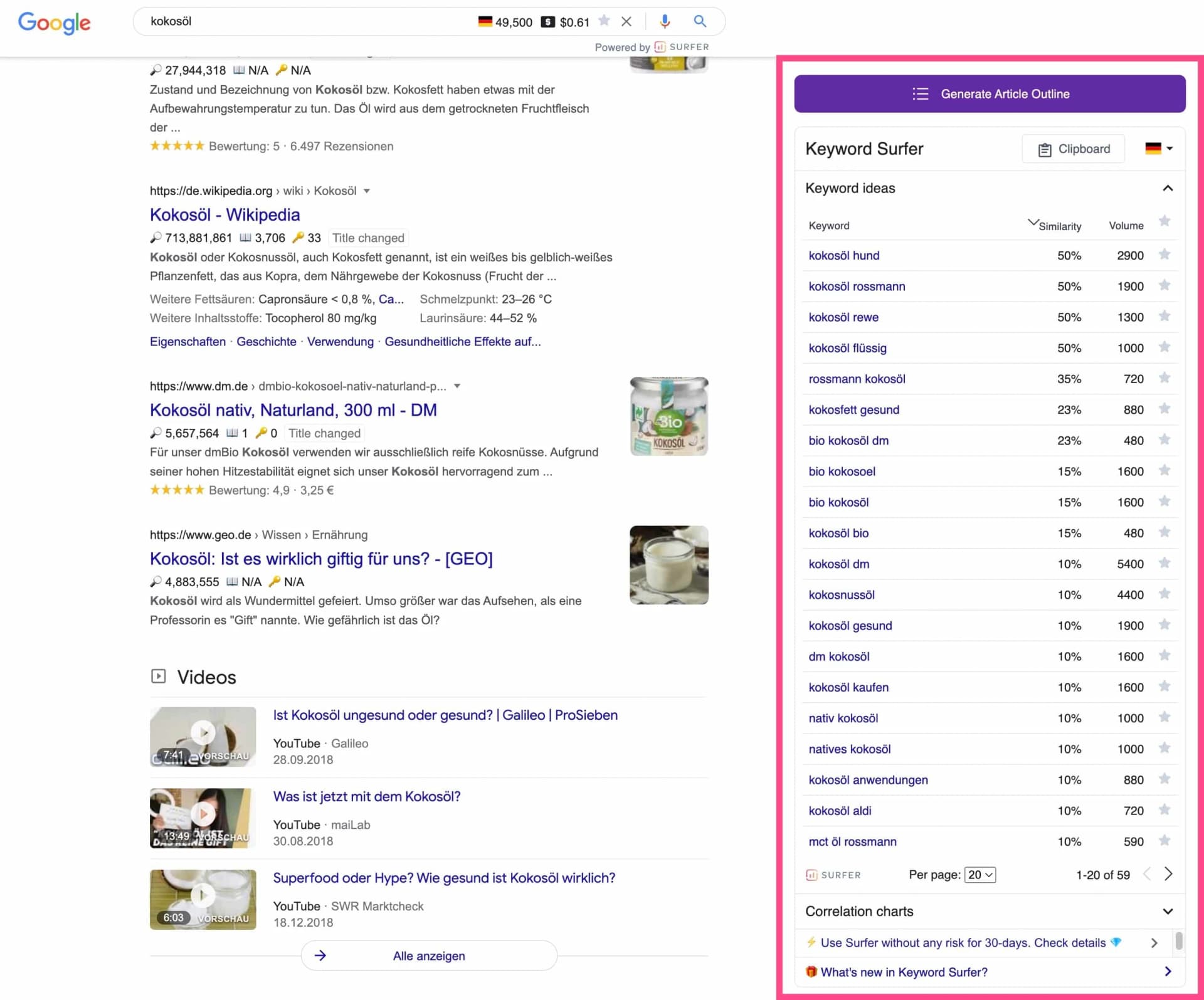 Sidebar von Keyword Surfer in den SERPs