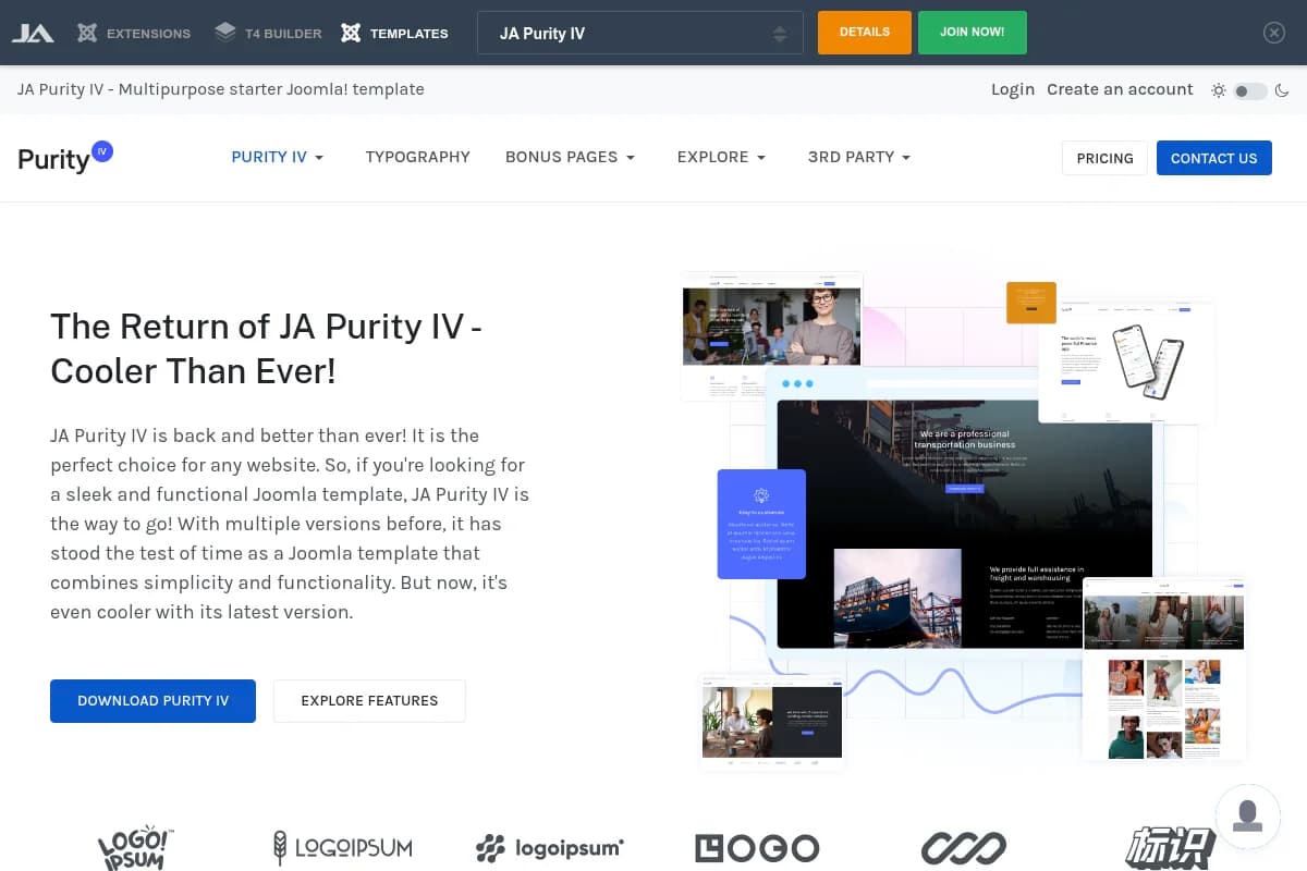 JA Purity IV Template mit T4 Framework und Dark Mode Unterstützung