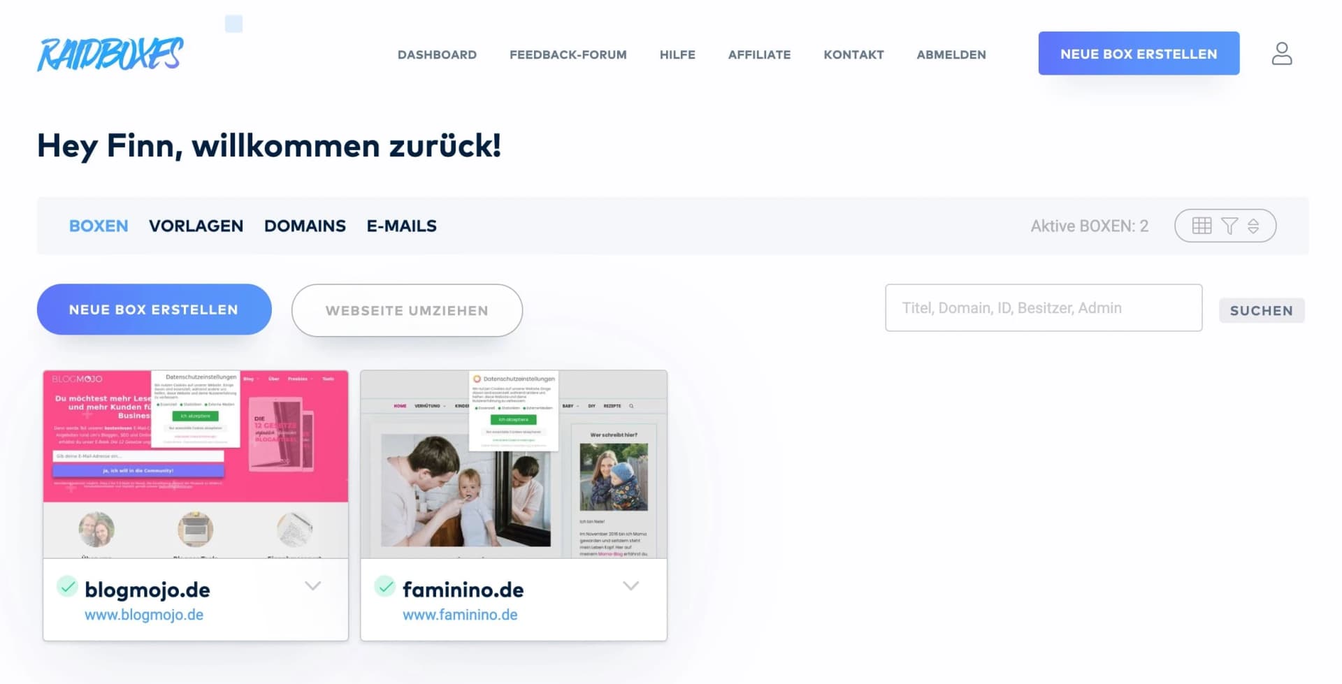 Das Dashboard bei Raidboxes zeigt dir alle deine Boxen im ßberblick an