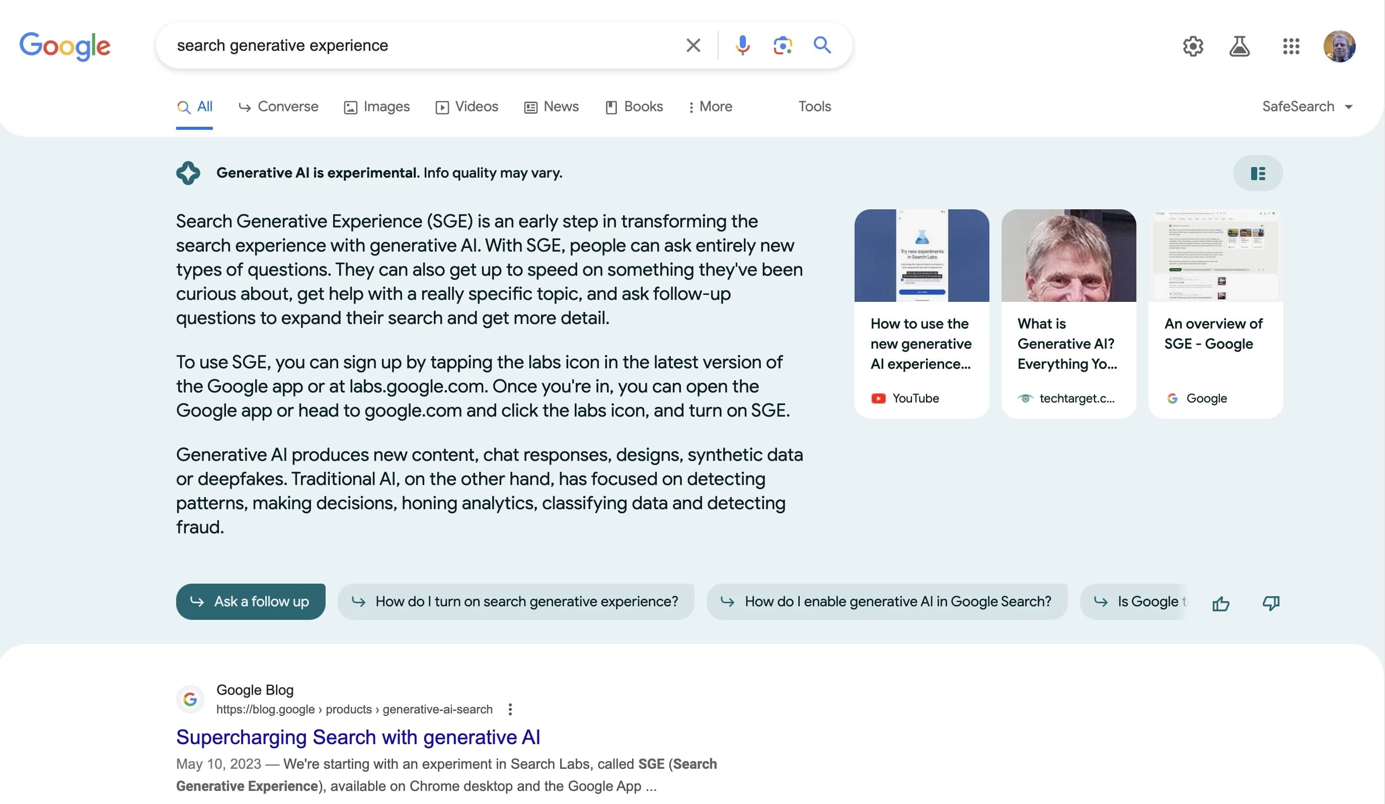 Beispiel für die Search Generative Experience