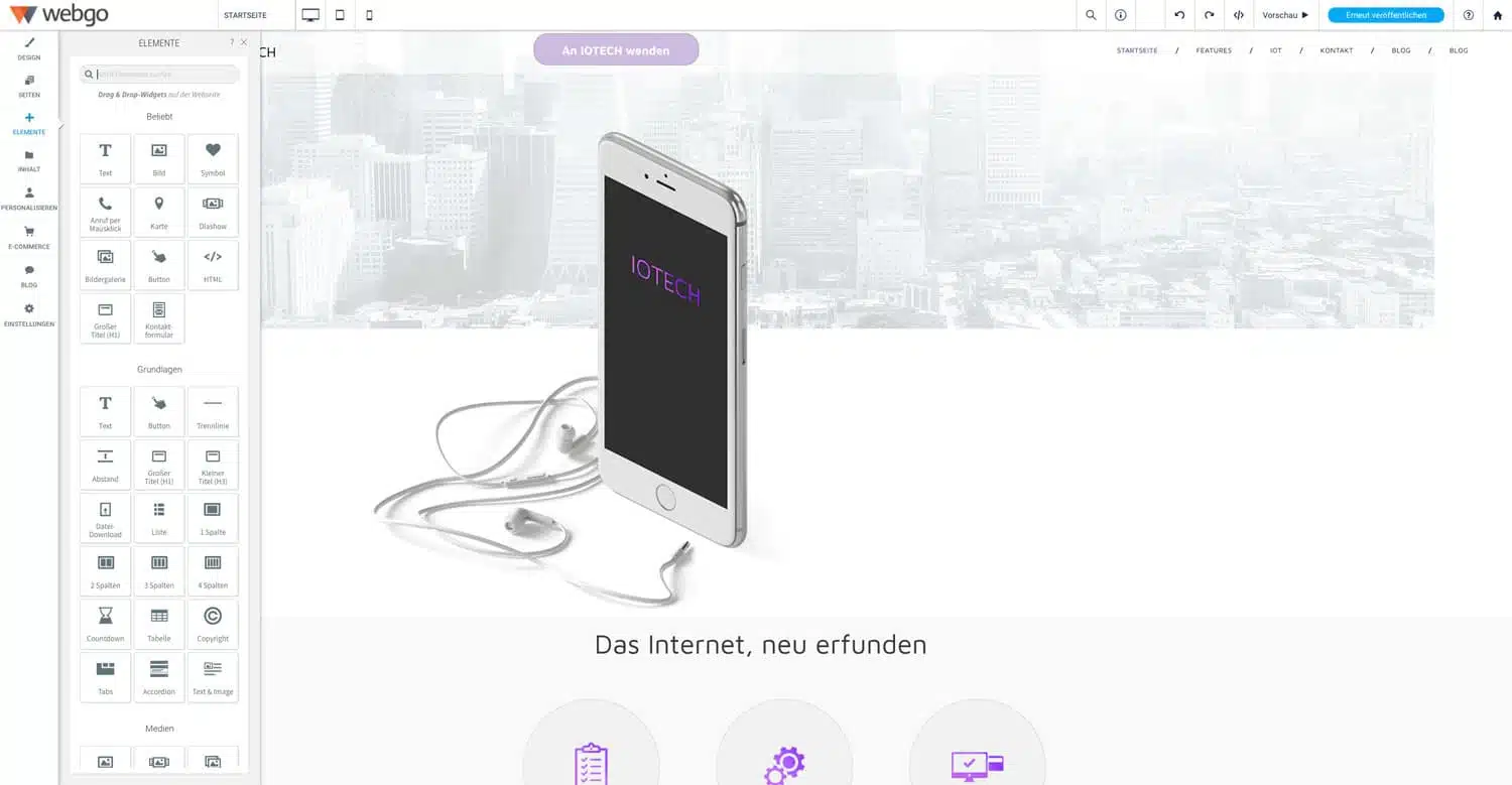 Der Drag & Drop Editor des webgo Homepage-Baukastens lässt sich einfach bedienen