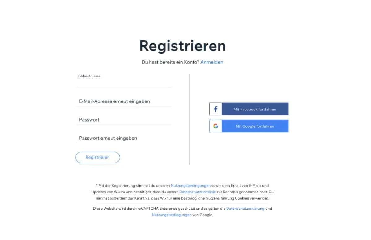 Wix Registrierung