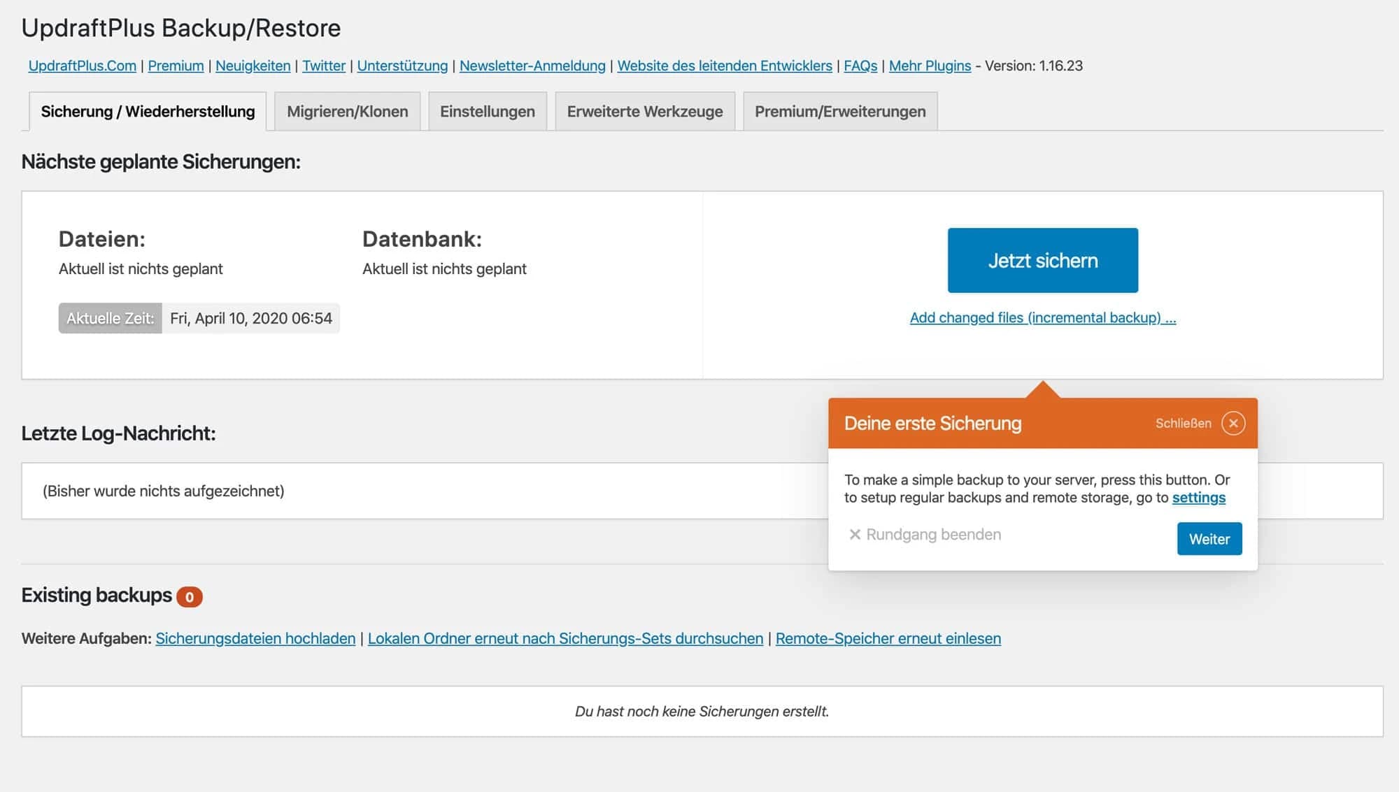 UpdraftPlus führt dich nach der Installation durch das Plugin
