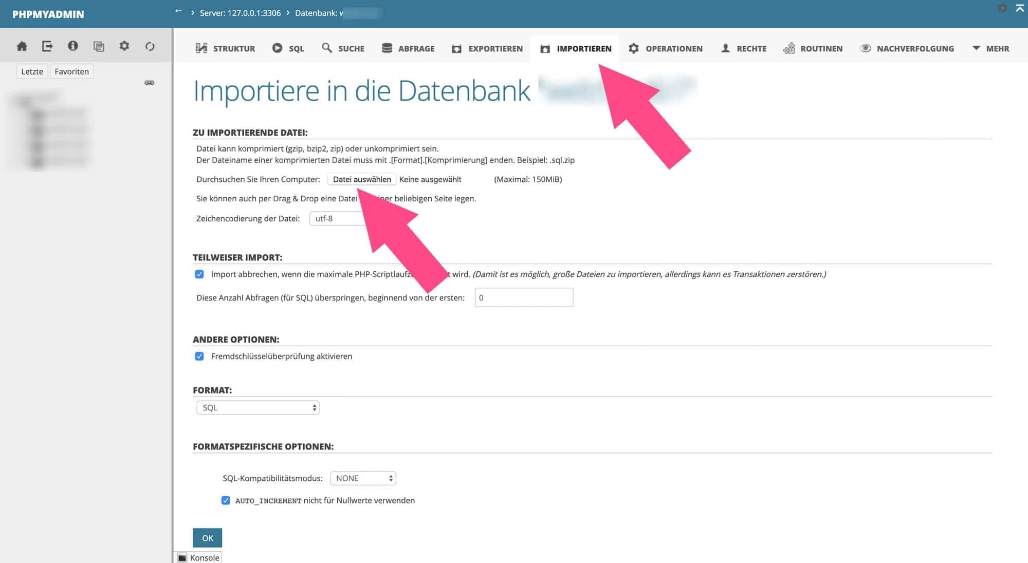 Eine gesicherte Datenbank kannst du einfach über deinen Hoster importieren