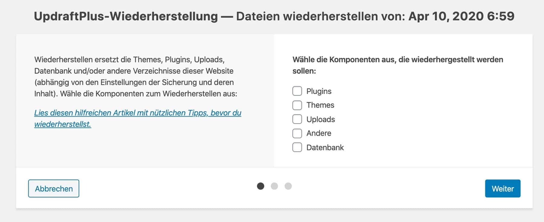 UpdraftPlus führt dich durch die Wiederherstellung.