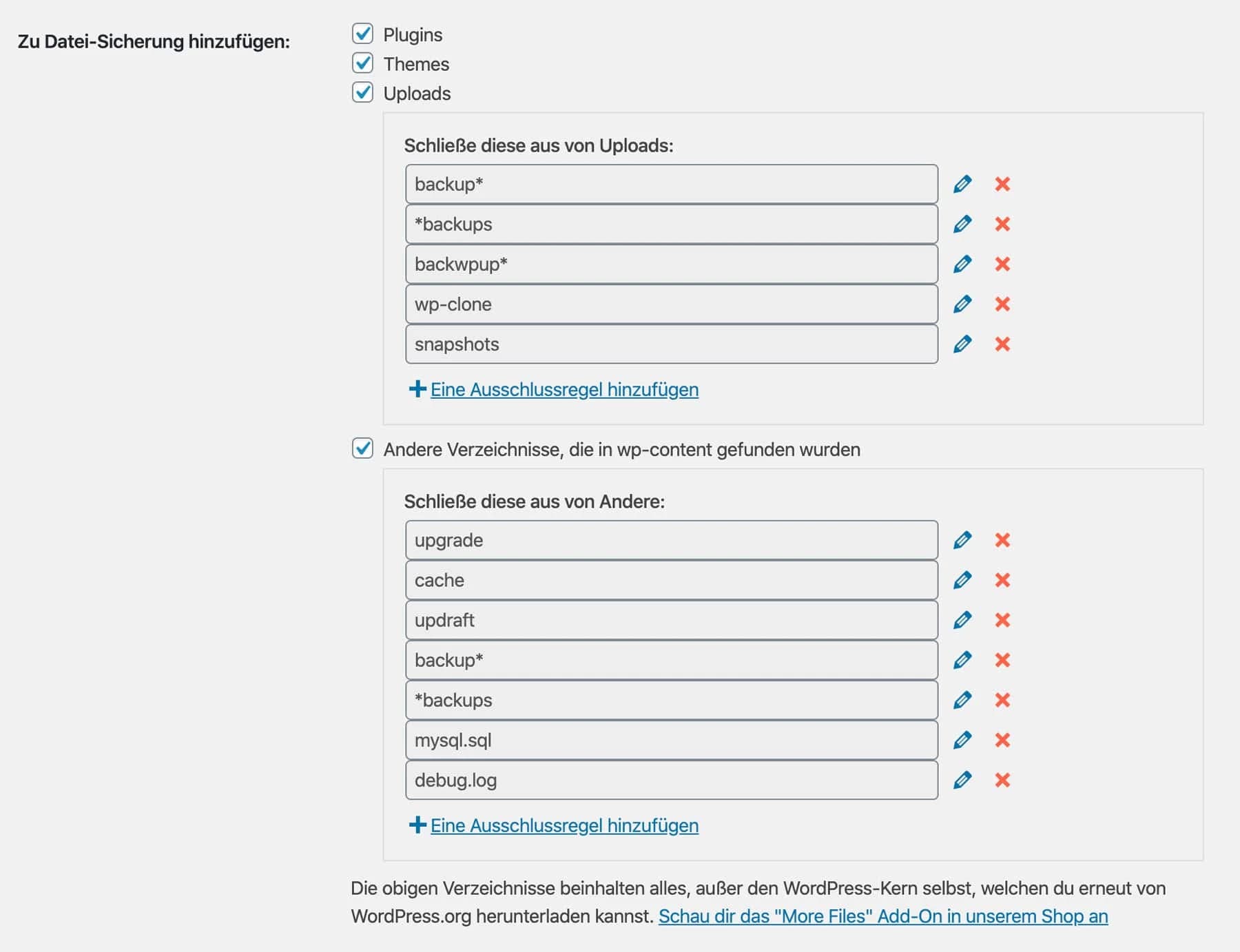 In UpdraftPlus legst du genau fest, welche Dateien gesichert werden sollen und welche nicht