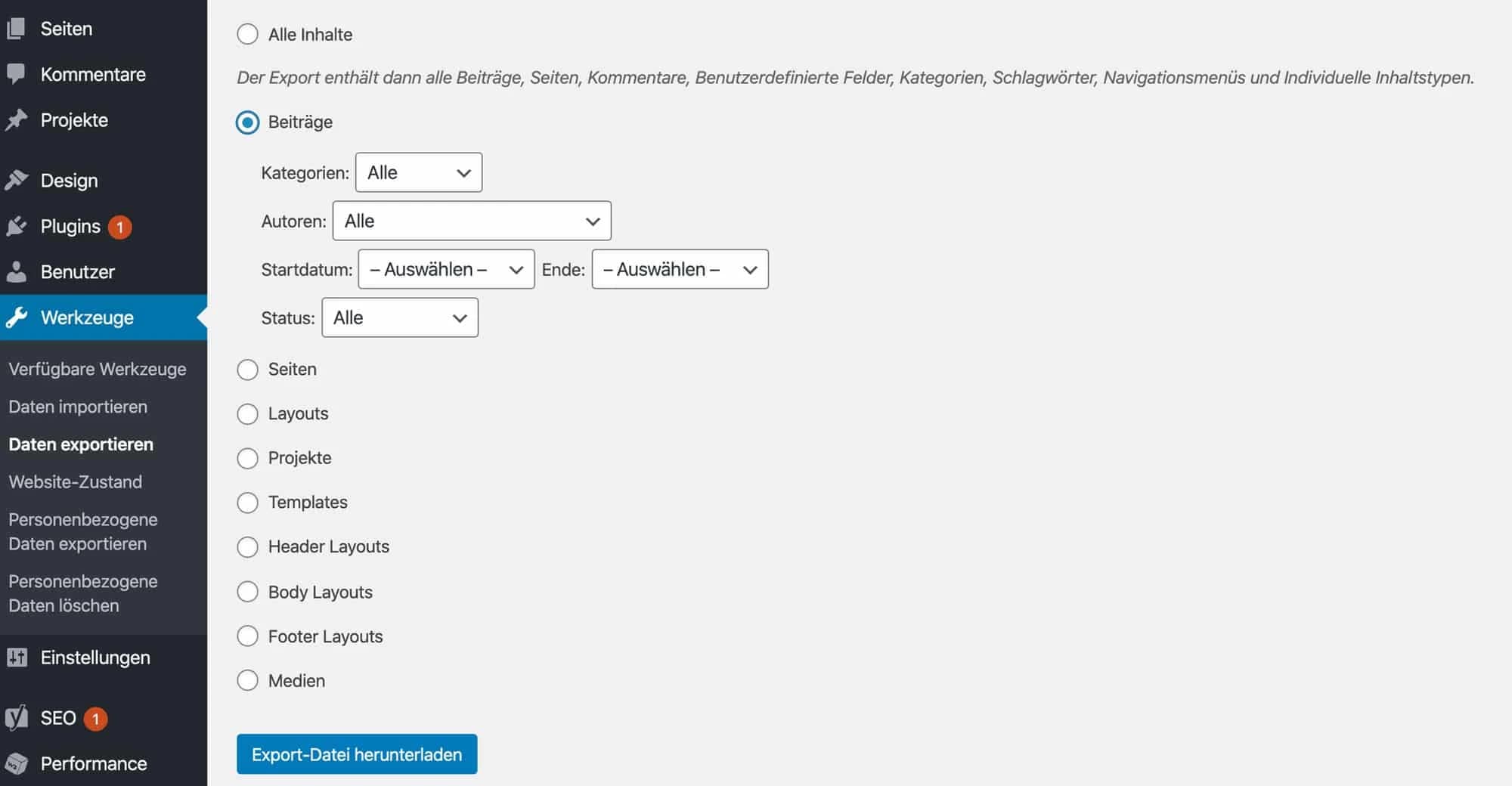Mithilfe des WordPress Exporter kannst du einzelne Beiträge exportieren