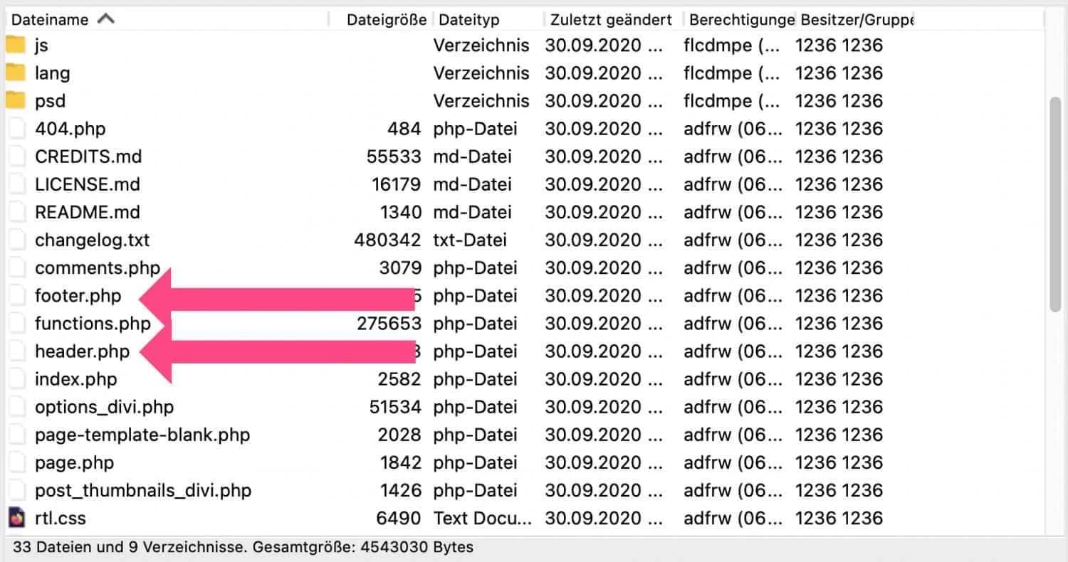 Wenn du Änderungen an Header und Footer vornehmen möchtest, musst du diese Dateien zunächst kopieren