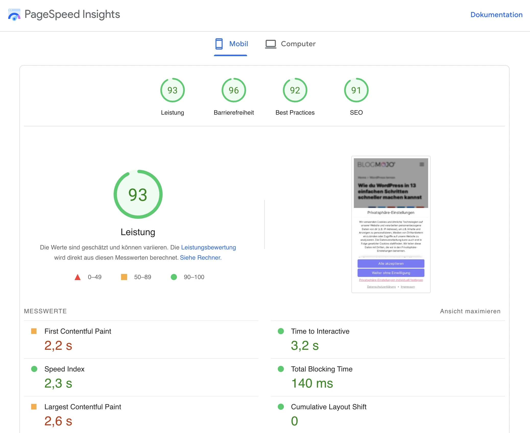 PageSpeed Insights zeigt Optimierungspotenziale für WordPress