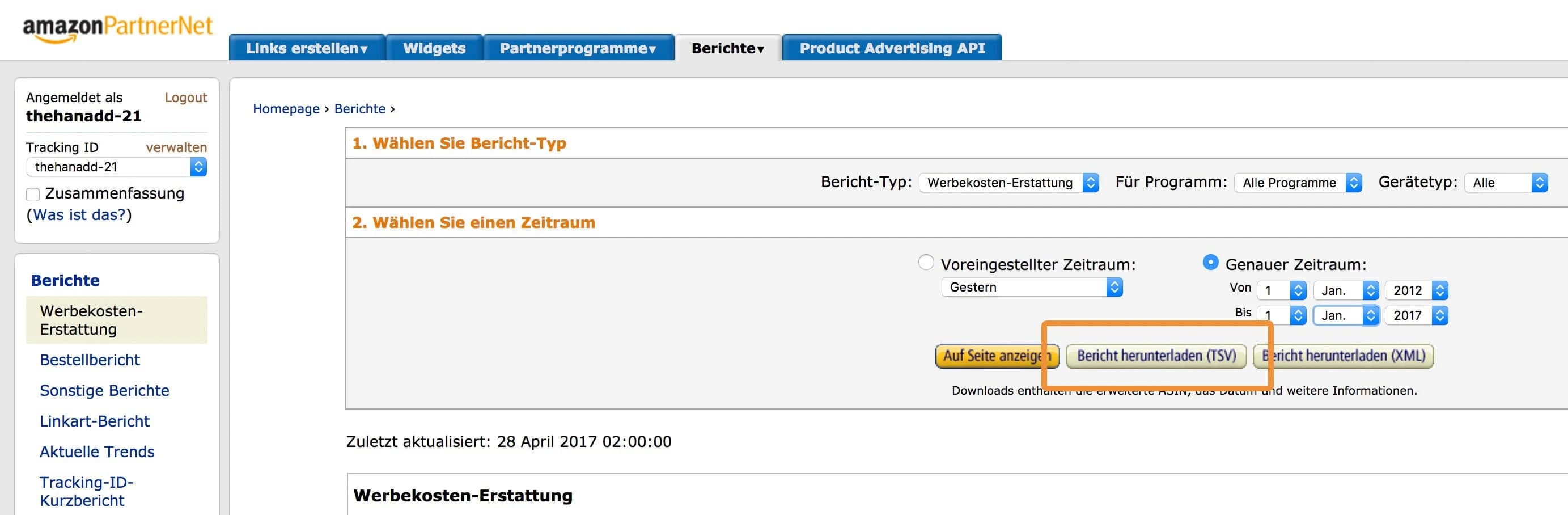 Bericht exportieren im Amazon-Partnerprogramm