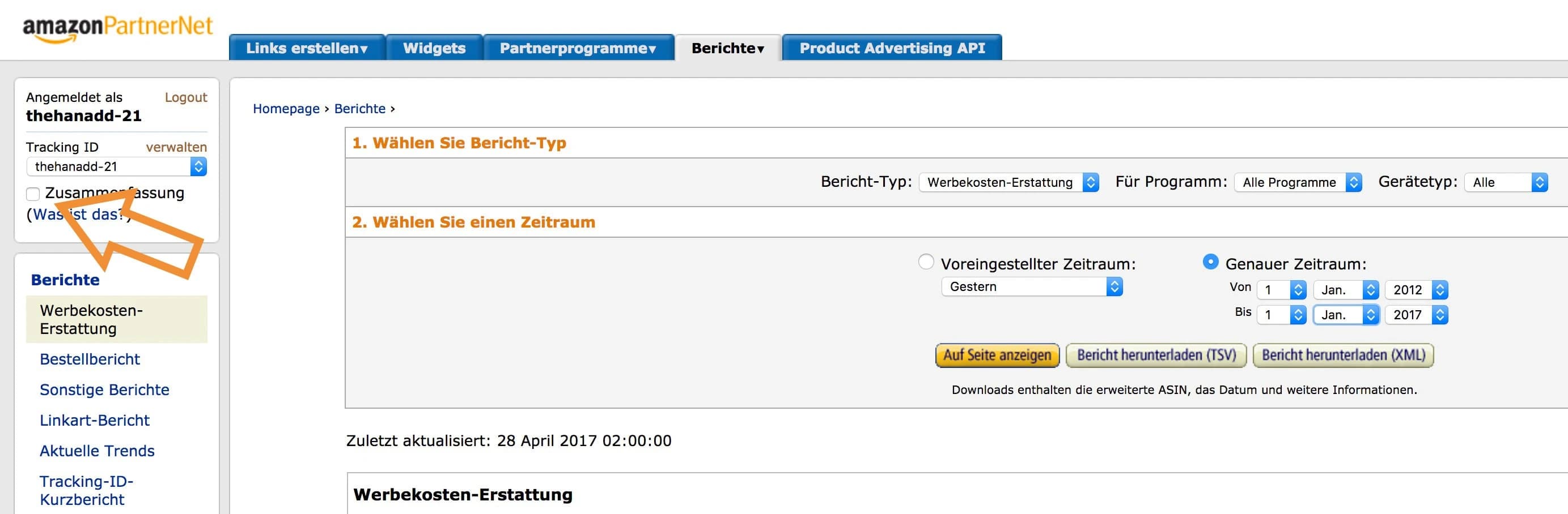 Zusammenfassung in den Amazon-Partnerprogramm-Berichten