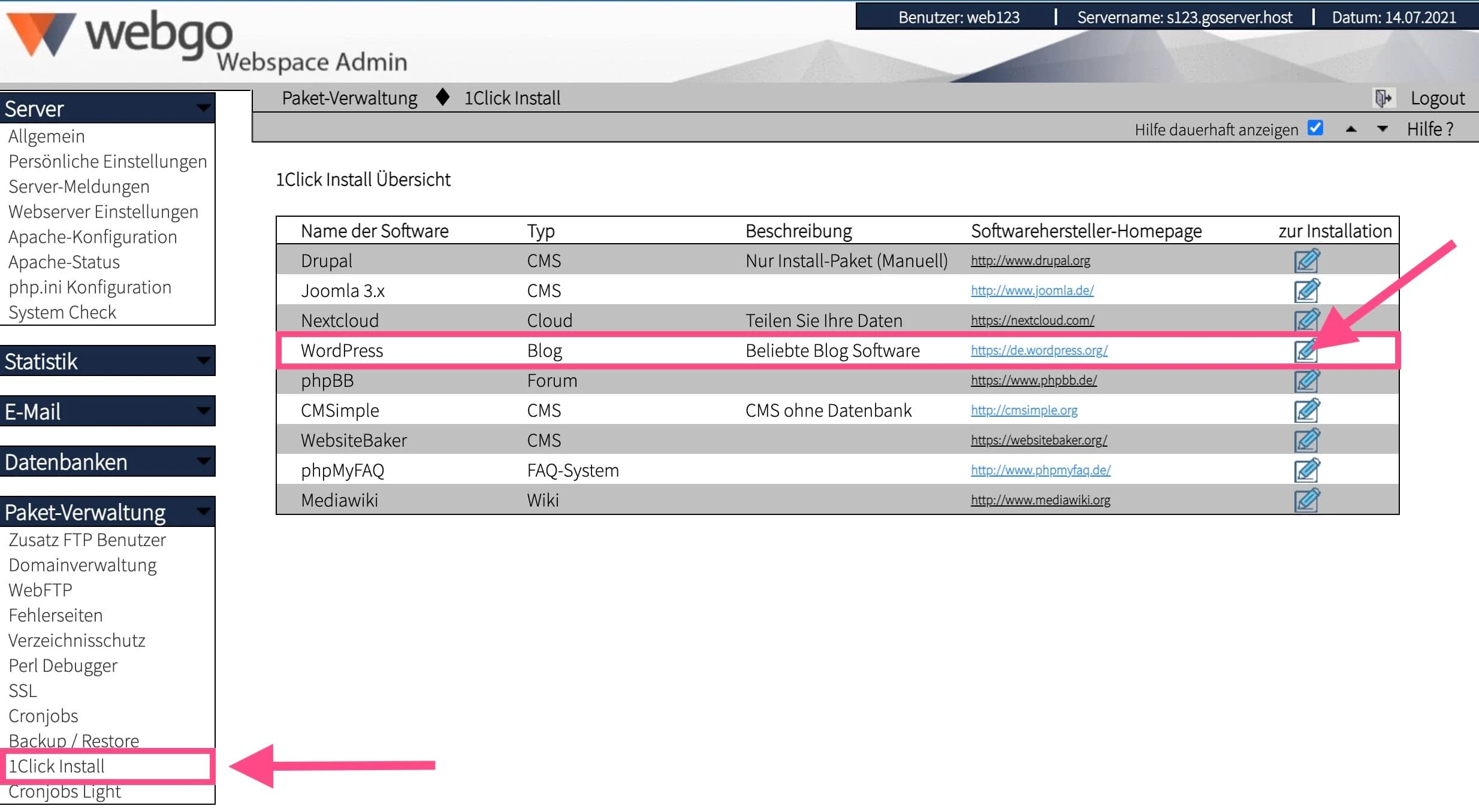 1-Klick-Installation im webgo Webspace-Admin starten