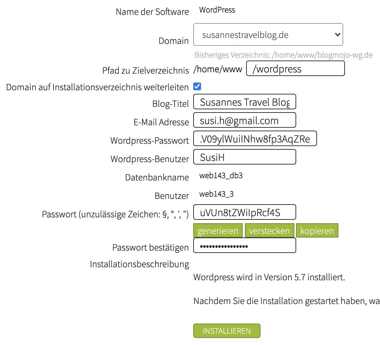 WordPress 1-Klick-Installation konfigurieren und Nutzerdaten eingeben
