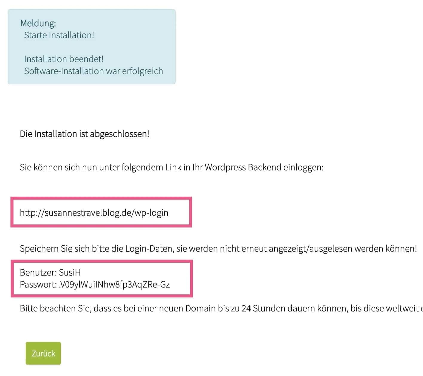 WordPress-Installation erfolgreich beendet mit Zugangsdaten