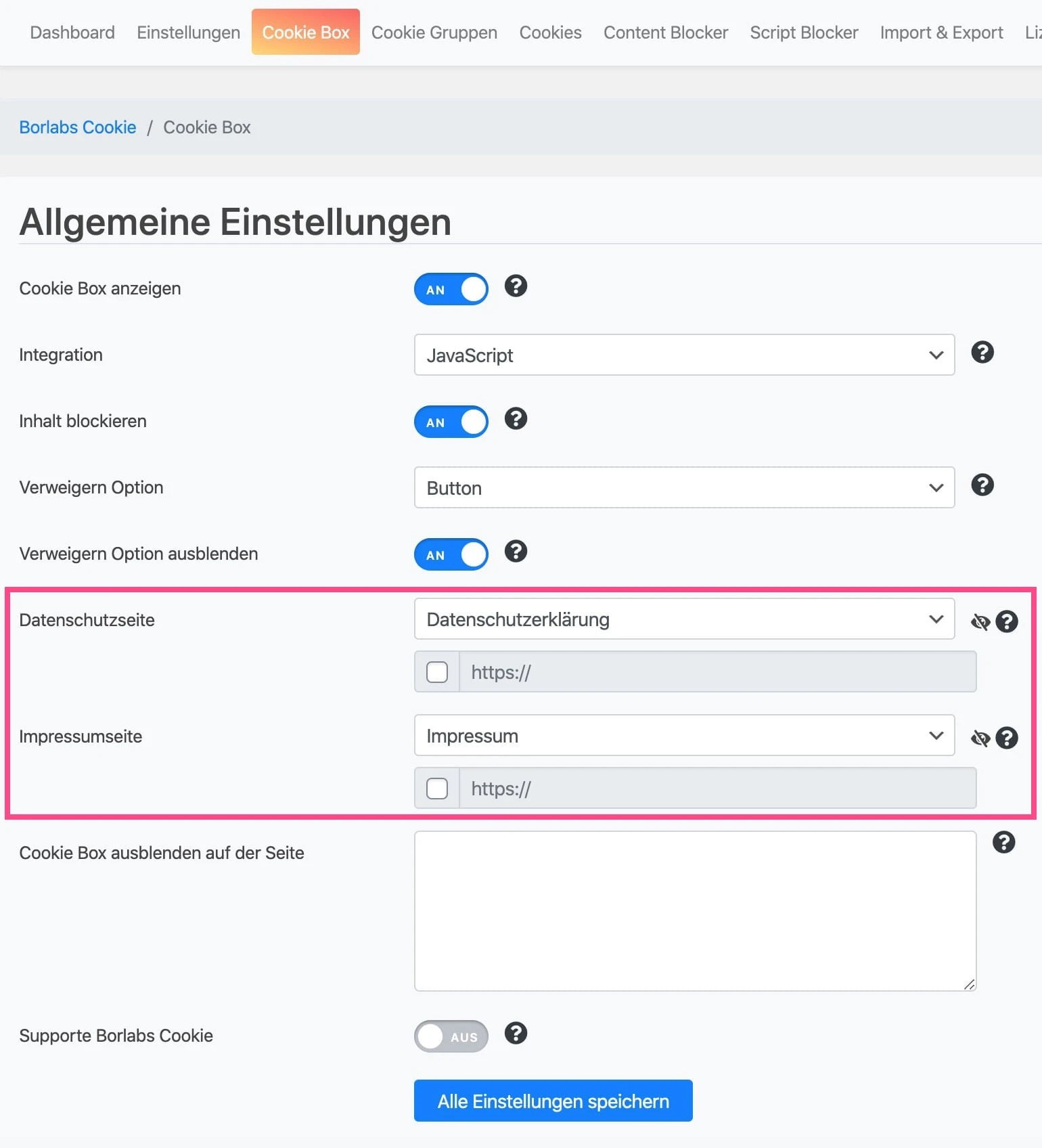 Allgemeine Einstellungen der Cookie Box
