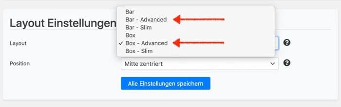 Cookie Boxen stehen dir in verschiedenen Layouts zur Verfügung.