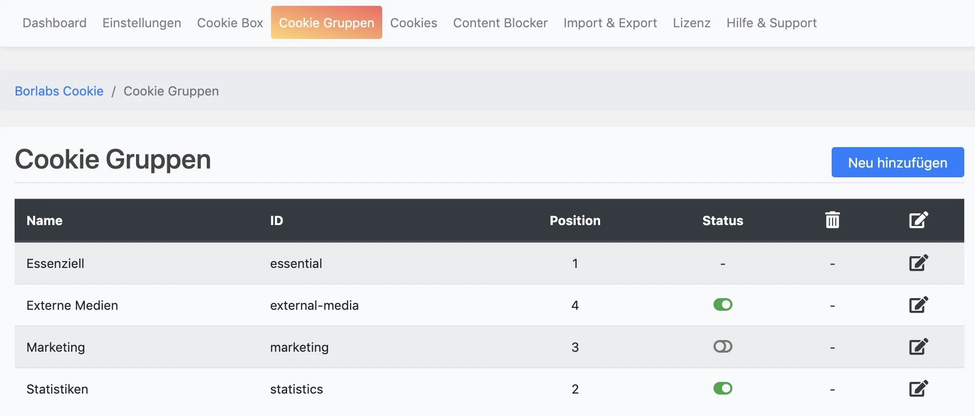 Cookie-Gruppen in den Einstellungen von Borlabs Cookie anlegen