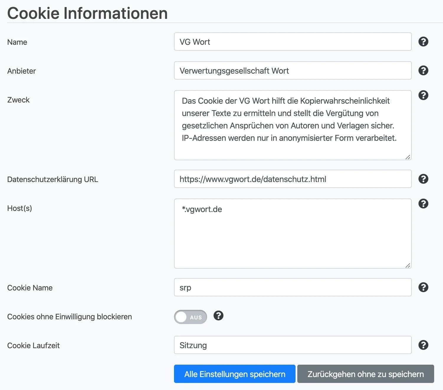 Cookie-Informationen für die VG Wort eintragen