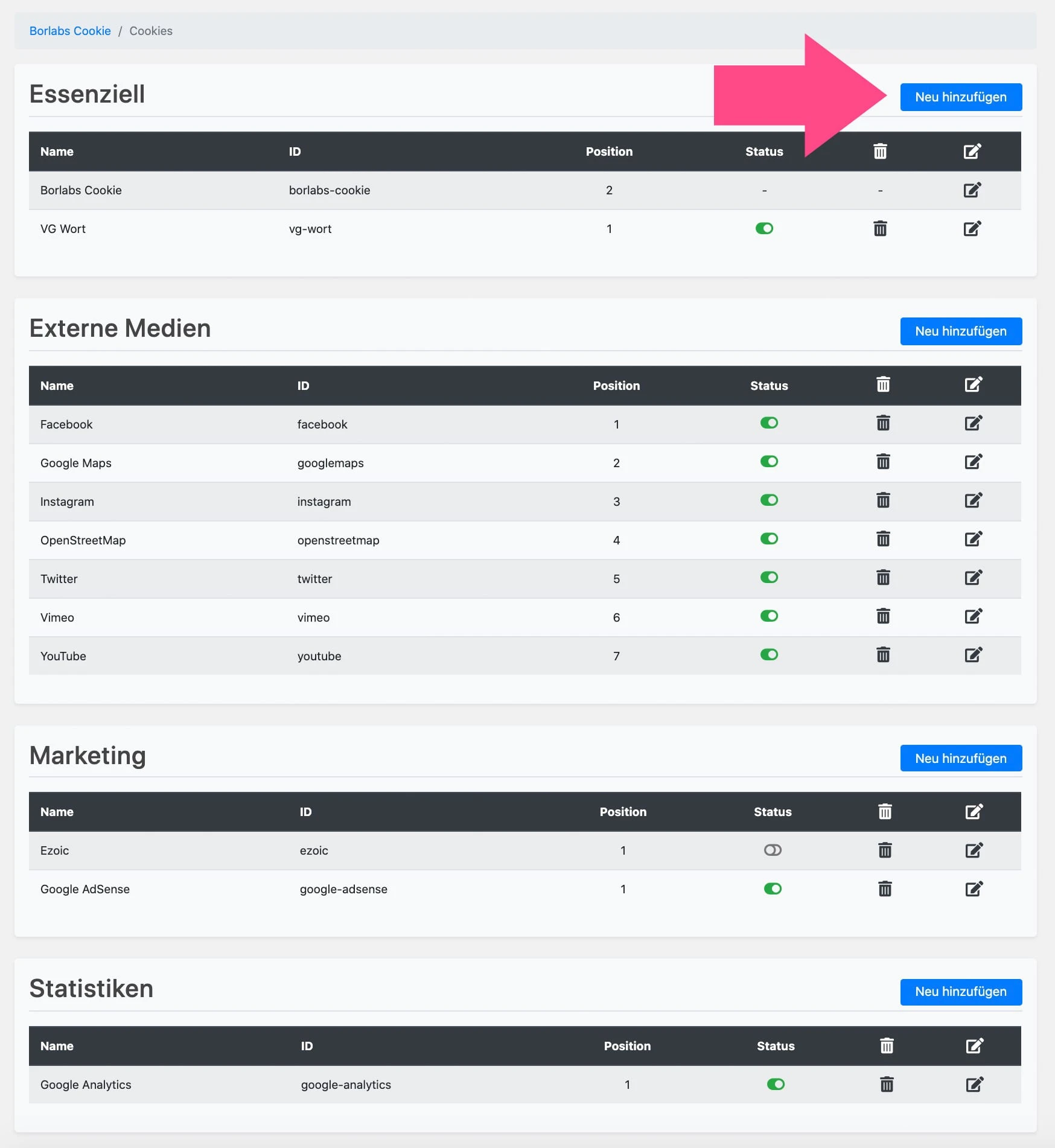 Neues Cookie zu Cookie-Gruppe hinzufügen