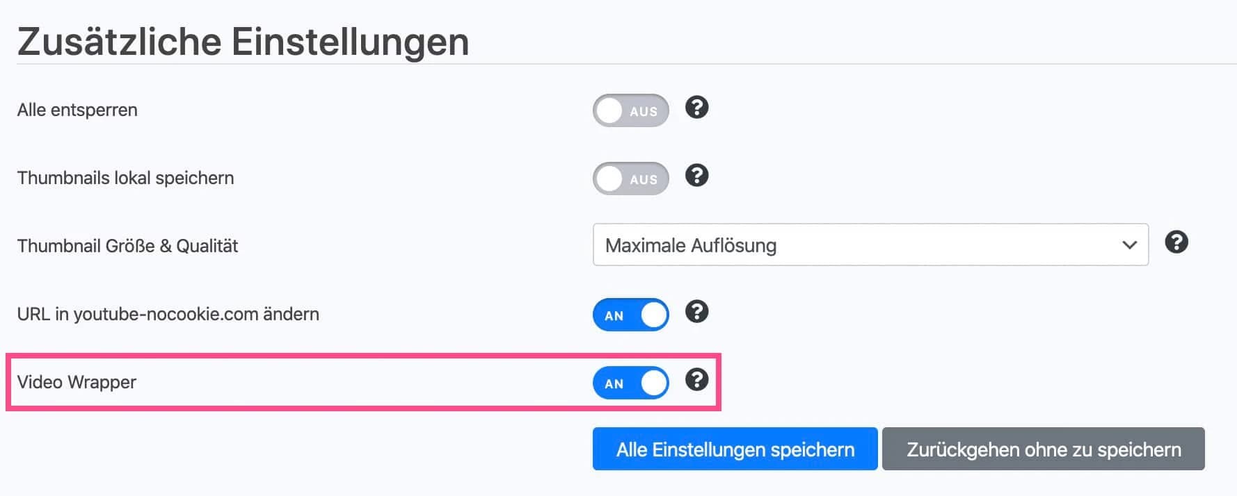 Zusätzliche Einstellungen des Content Blockers für YouTube-Videos