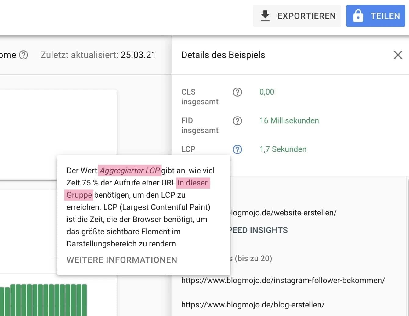 Aggregierte Werte im Core Web Vitals-Report der Google Search Console