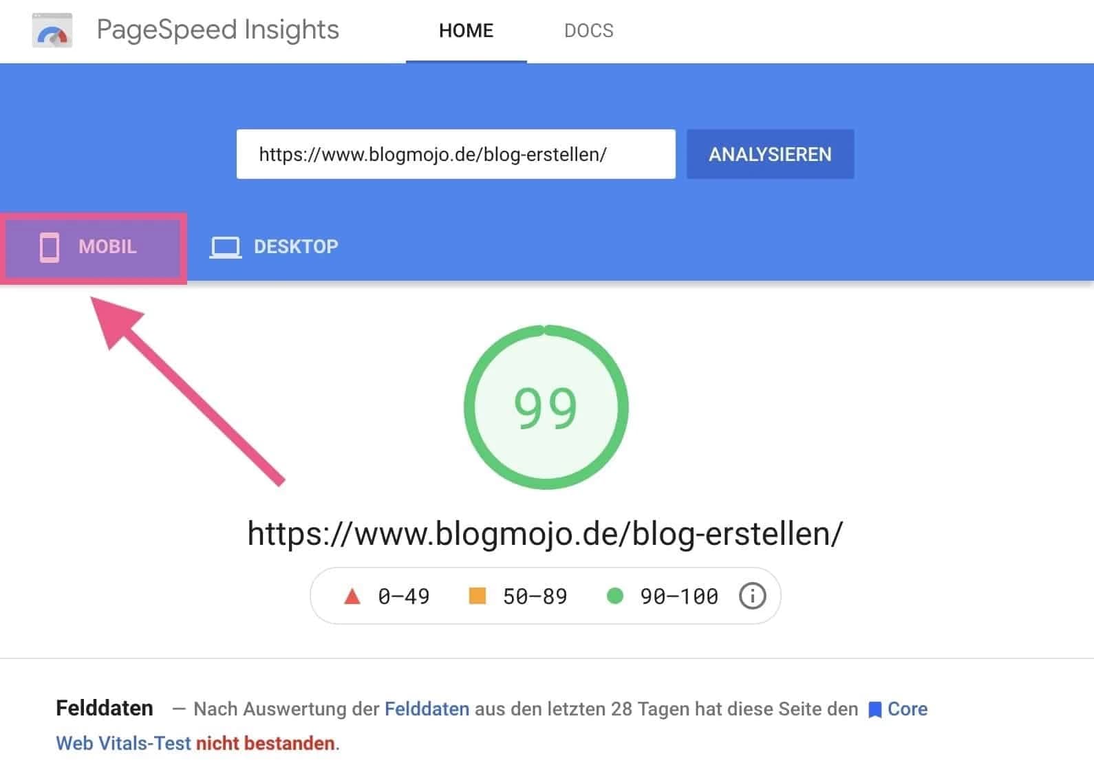 Mobile- und Desktop-Scores bei PageSpeed Insights im Vergleich