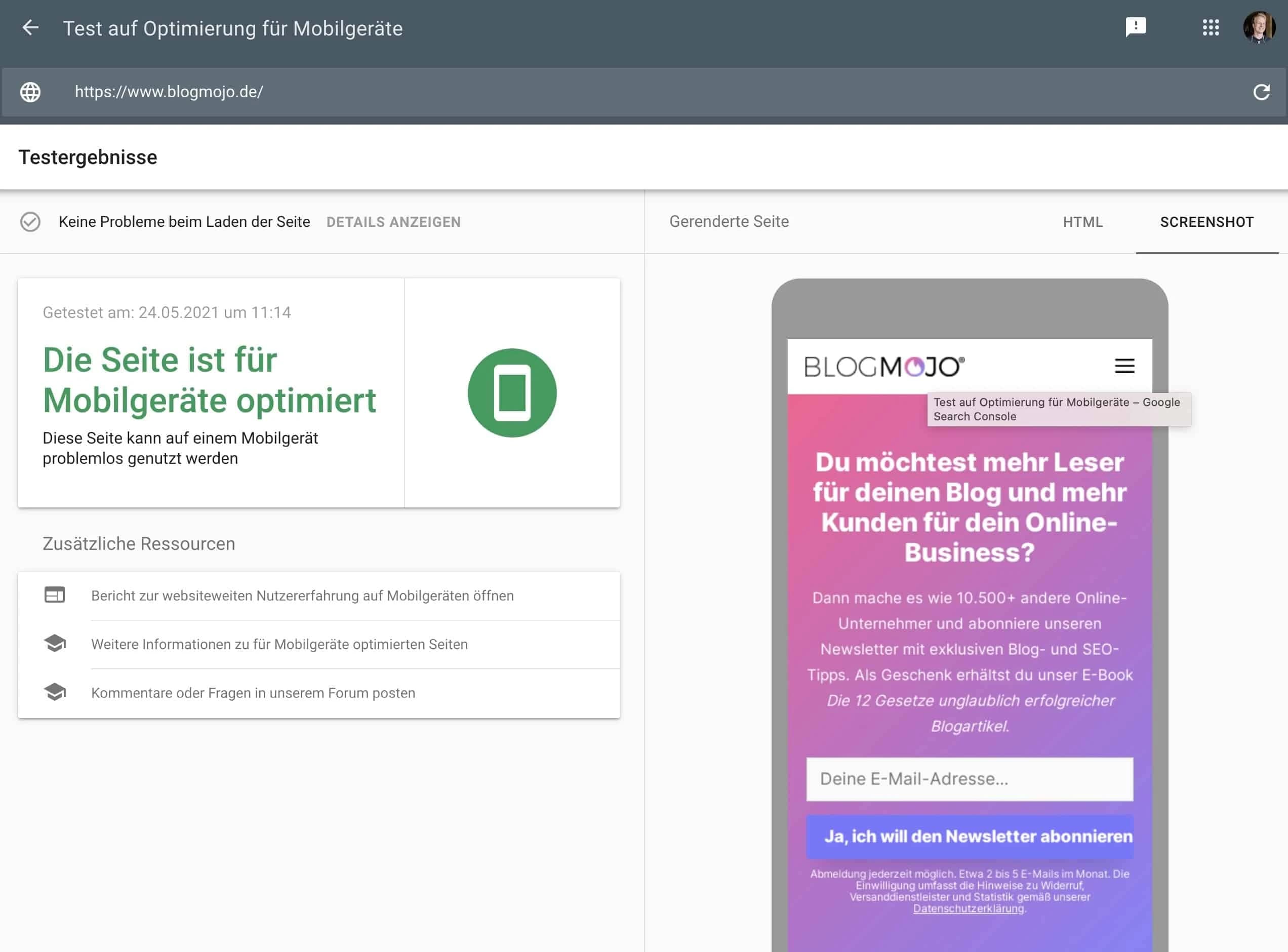 Test auf Optimierung für Mobilgeräte