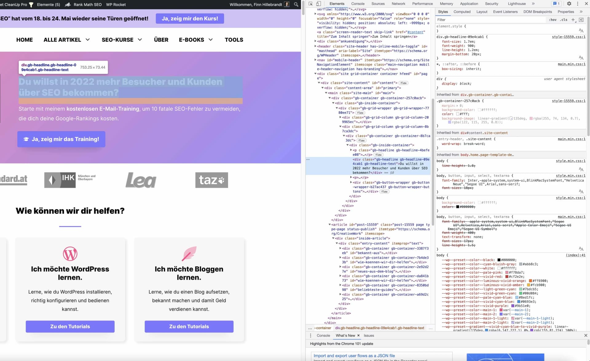 Chrome DevTools Benutzeroberfläche mit Entwicklerwerkzeugen