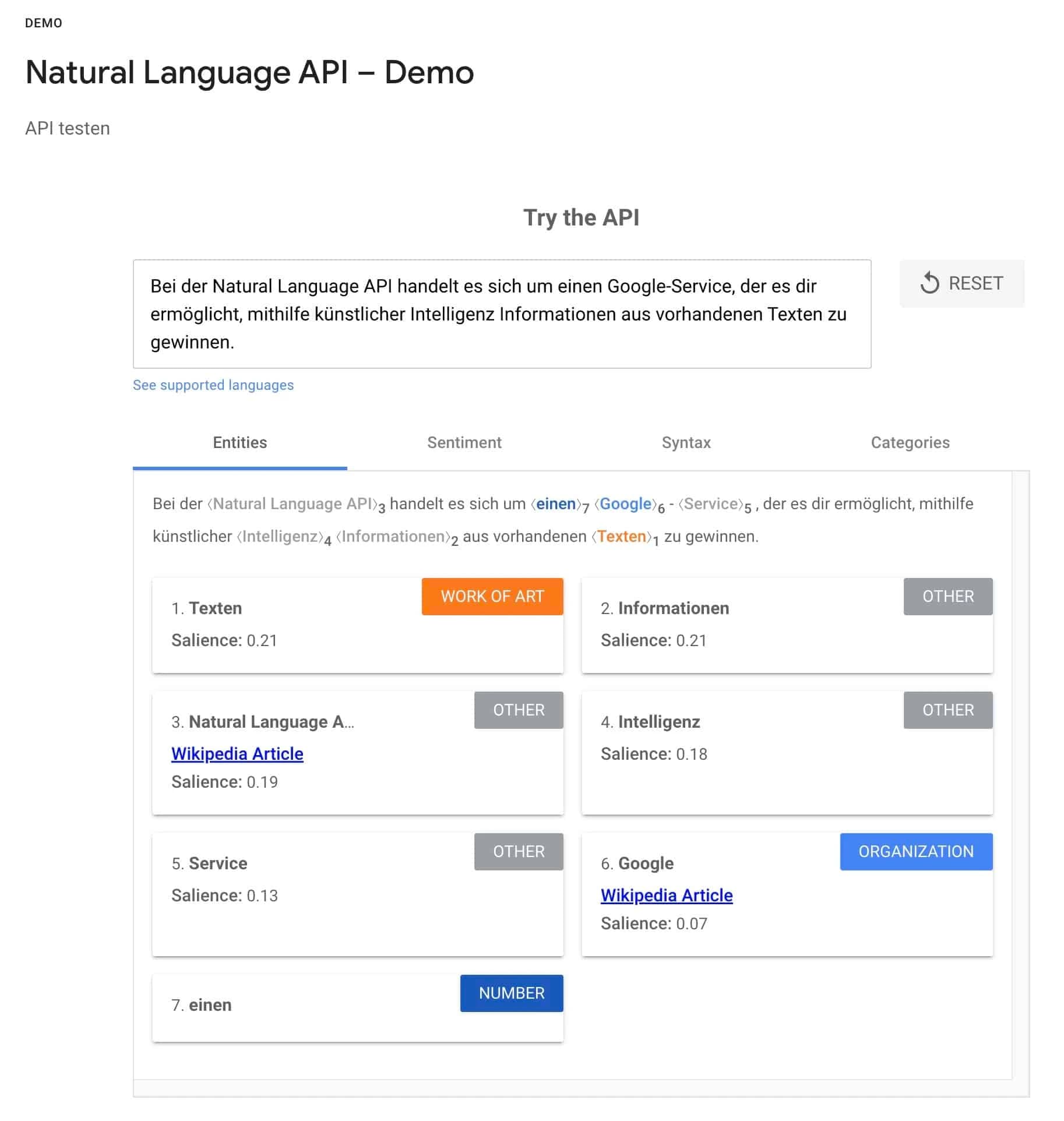 Demo der Natural Language API