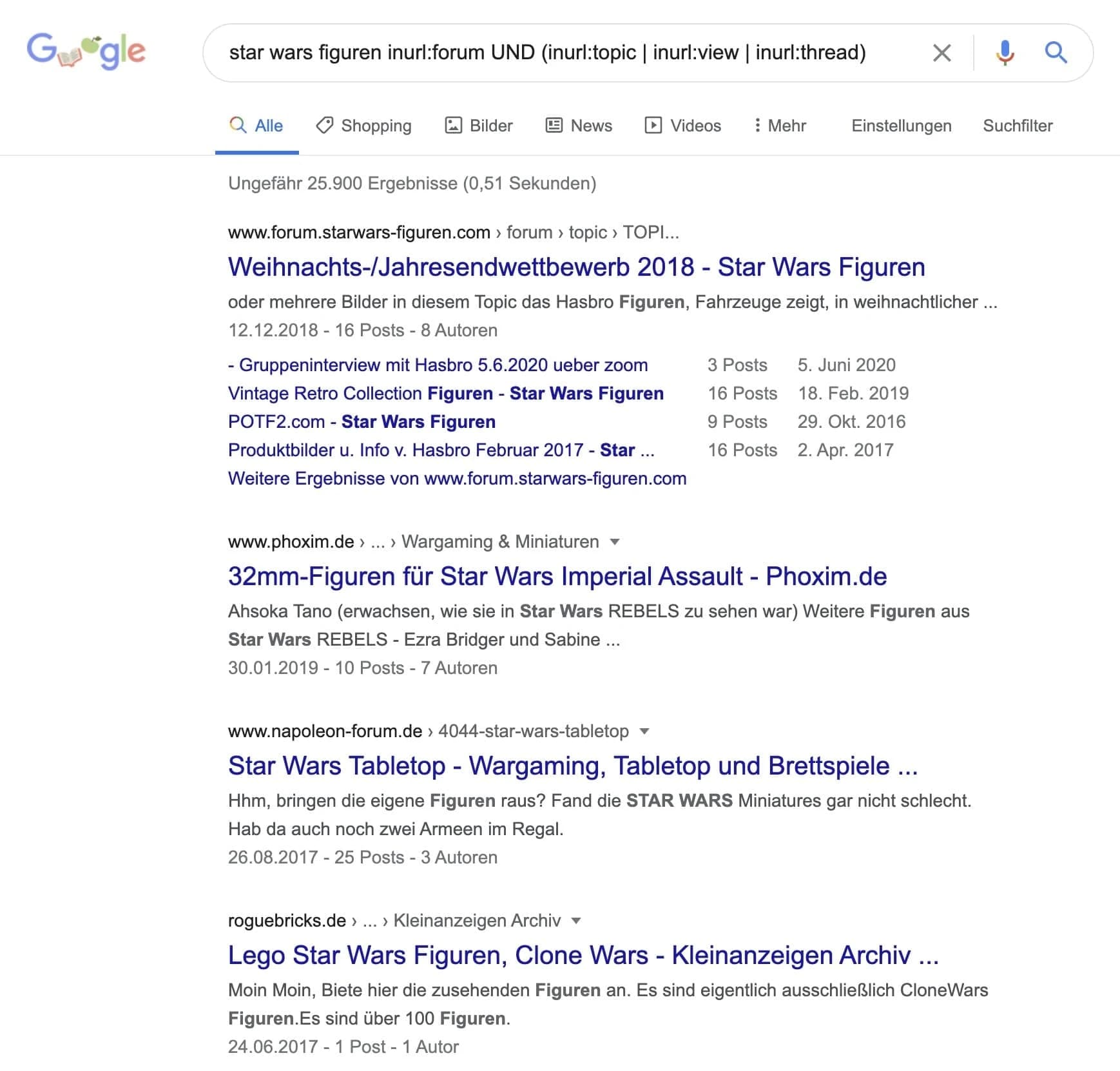 Erweiterter Suchbefehl, um Forendiskussionen zu finden