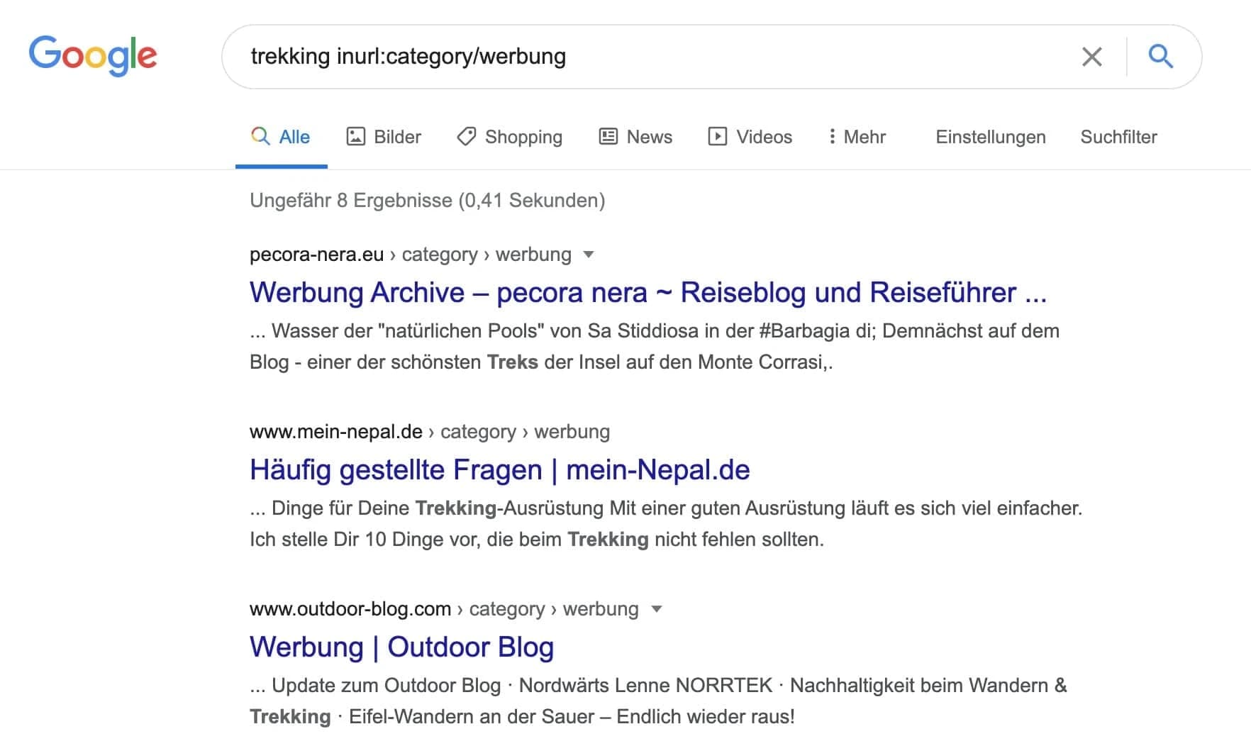 Für Sponsored Posts angelegte Kategorien und Tags mit inurl: Suchoperator bei Google finden