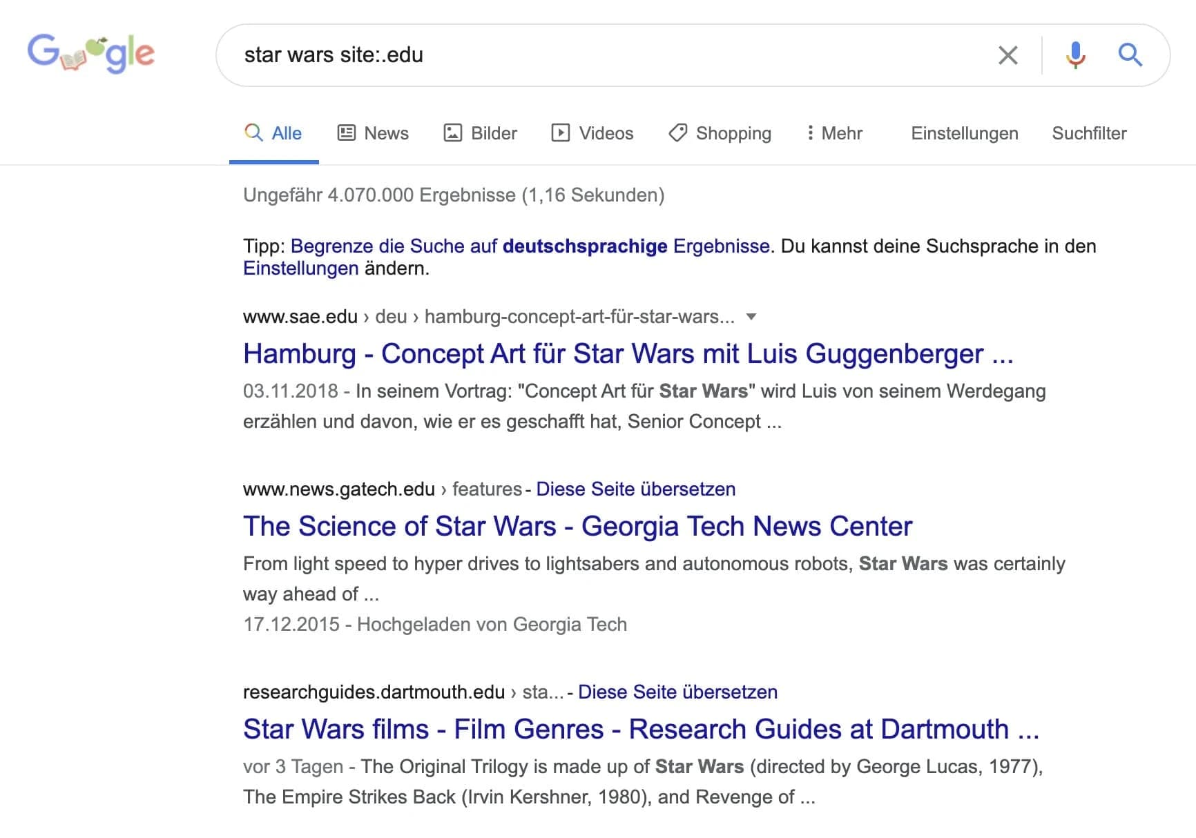 Mit Suchparametern Ergebnisse auf bestimmte TLD einschränken