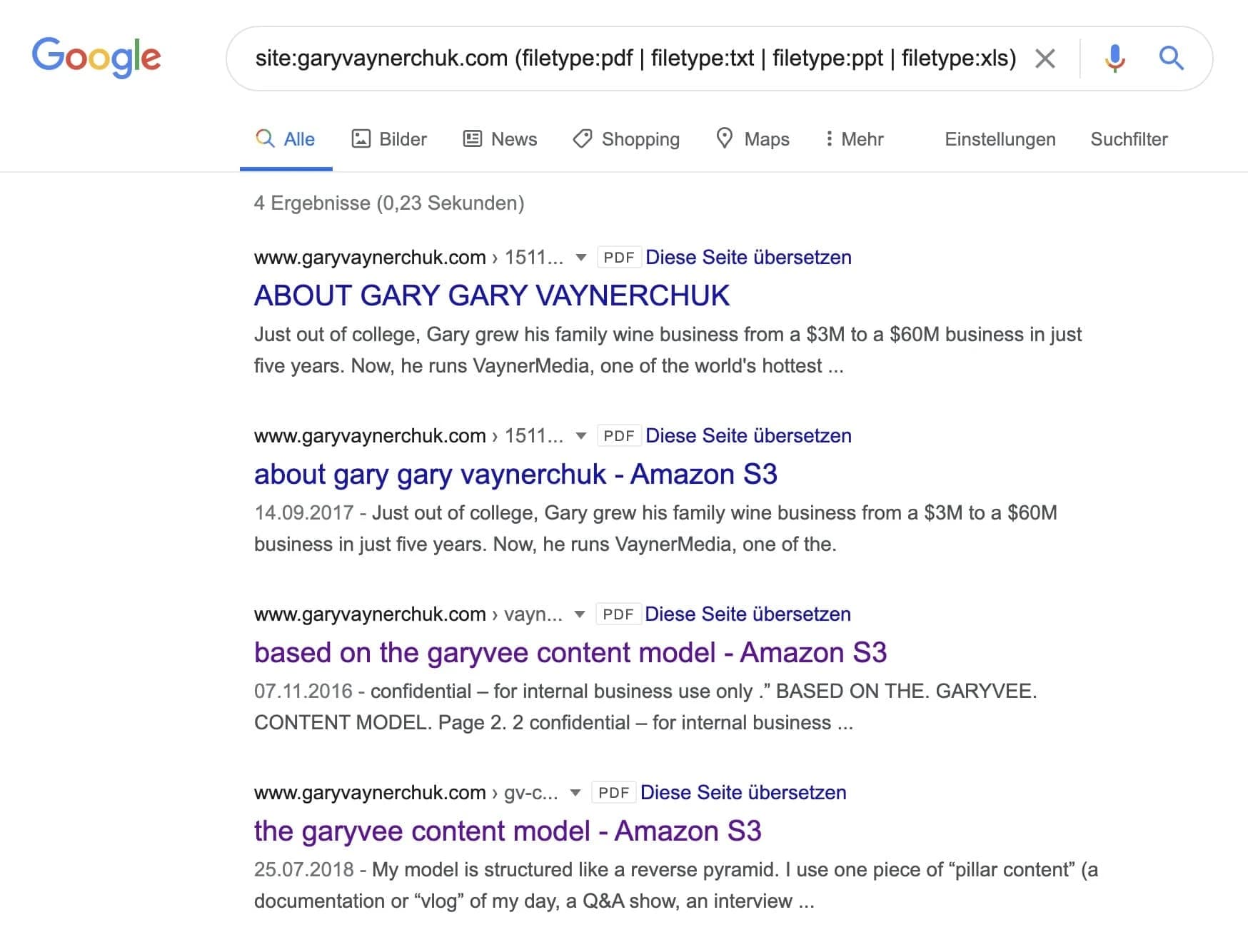 Suchbefehl mit site: und filetype:, um versteckte Dokumente sichtbar zu machen