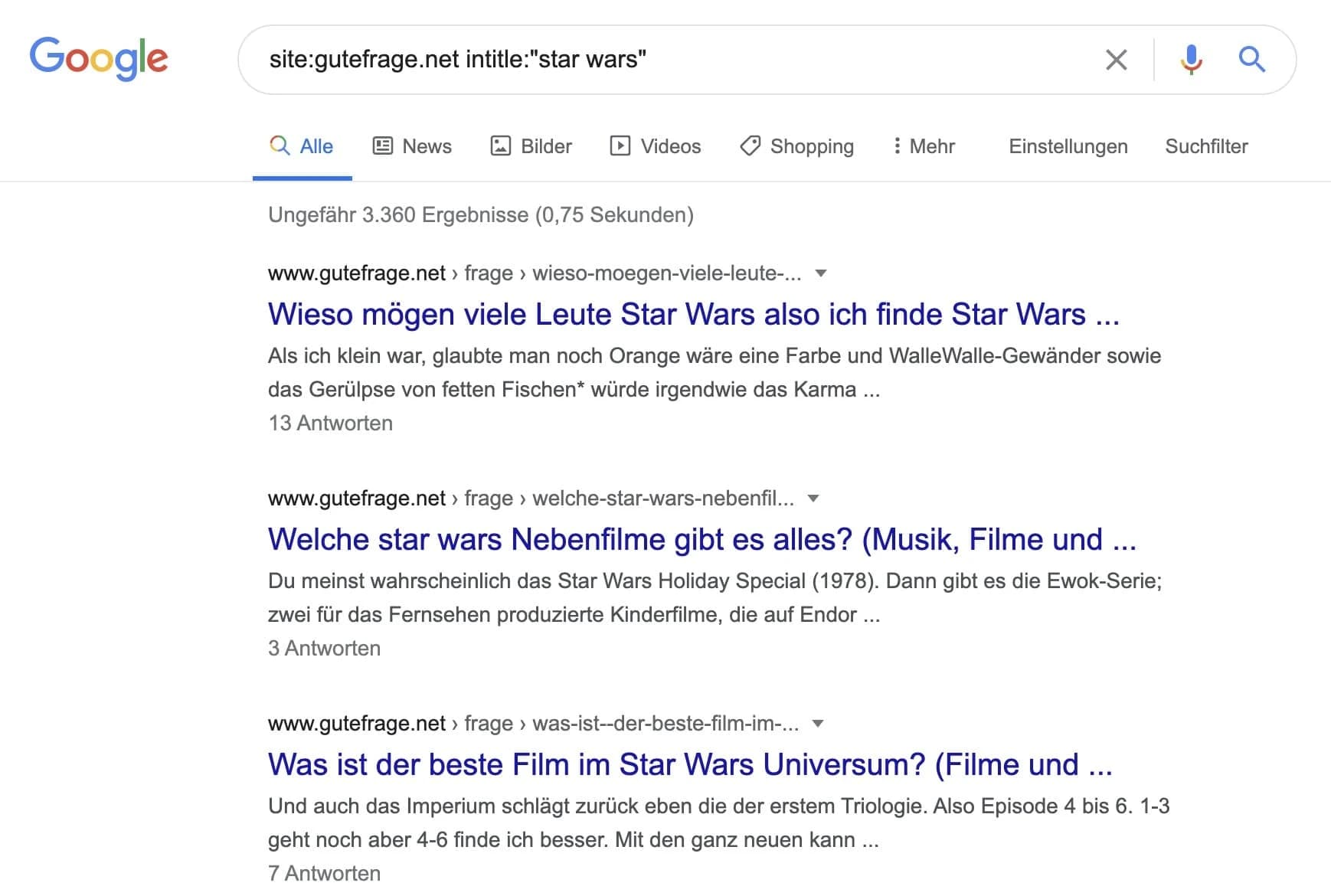 Suchbefehl, um Frageportale nach Themen zu durchsuchen