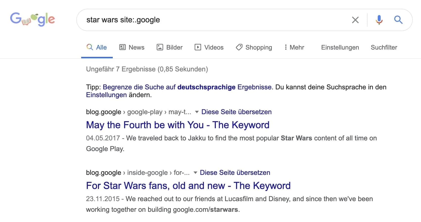 Suchparameter um Googles eigenen Blogs und Websites zu durchsuchen